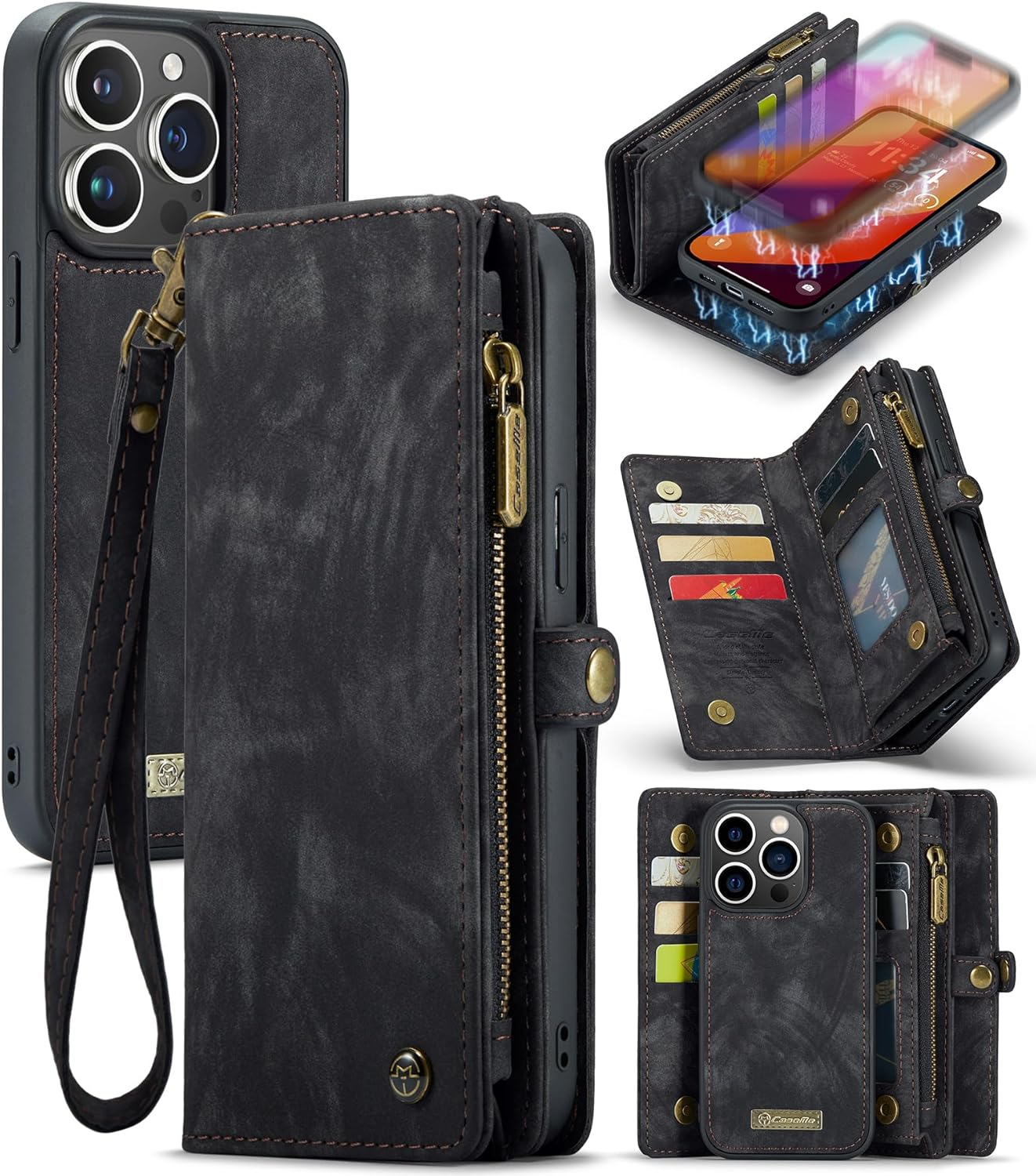 Kowauri Funda tipo cartera para iPhone 15 Pro Max, cartera de piel con cremallera, cartera de piel con tarjetero y correa para la muñeca,