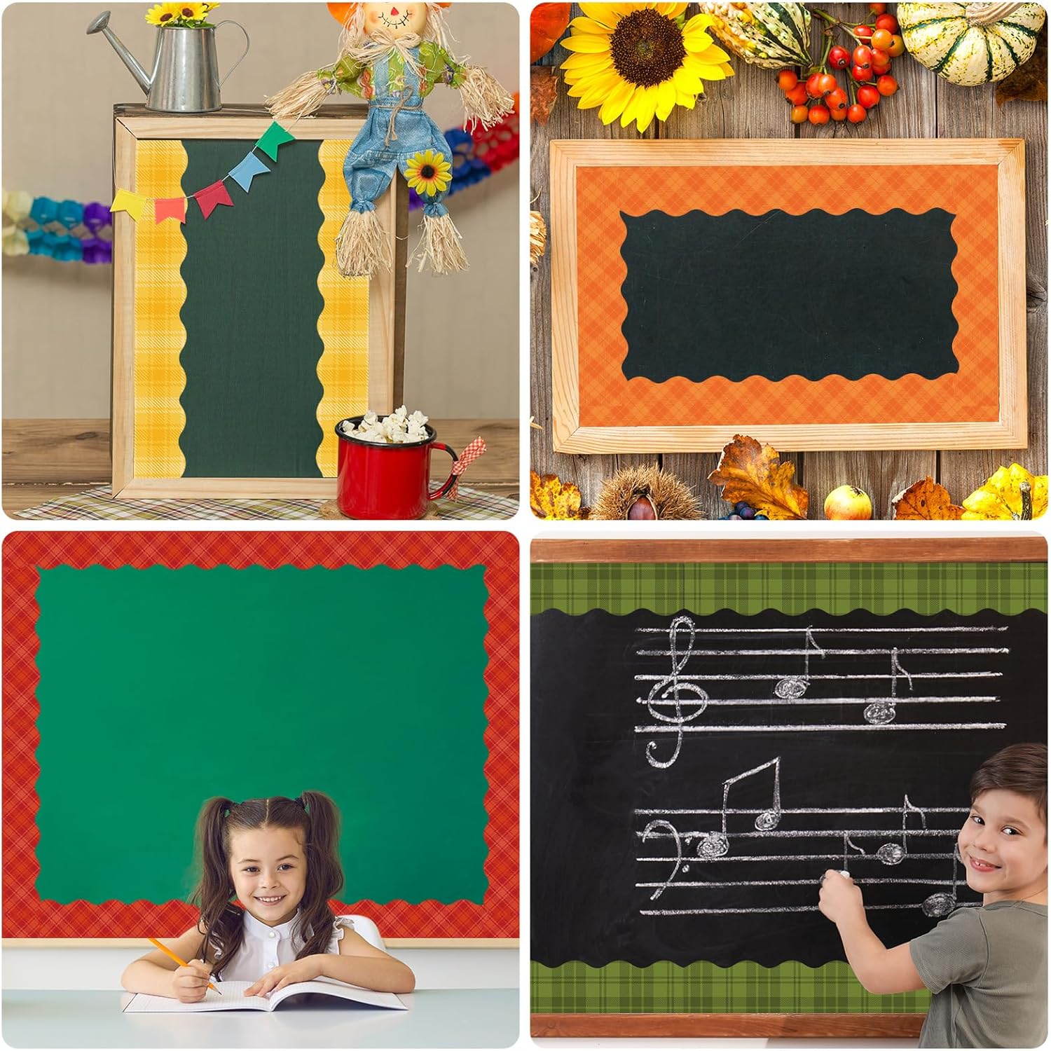AnyDesign Tablero de anuncios a cuadros de otoño de 79 pies, con bordes autoadhesivos, naranja, verde, amarillo, rojo, borde a cuadros, borde de