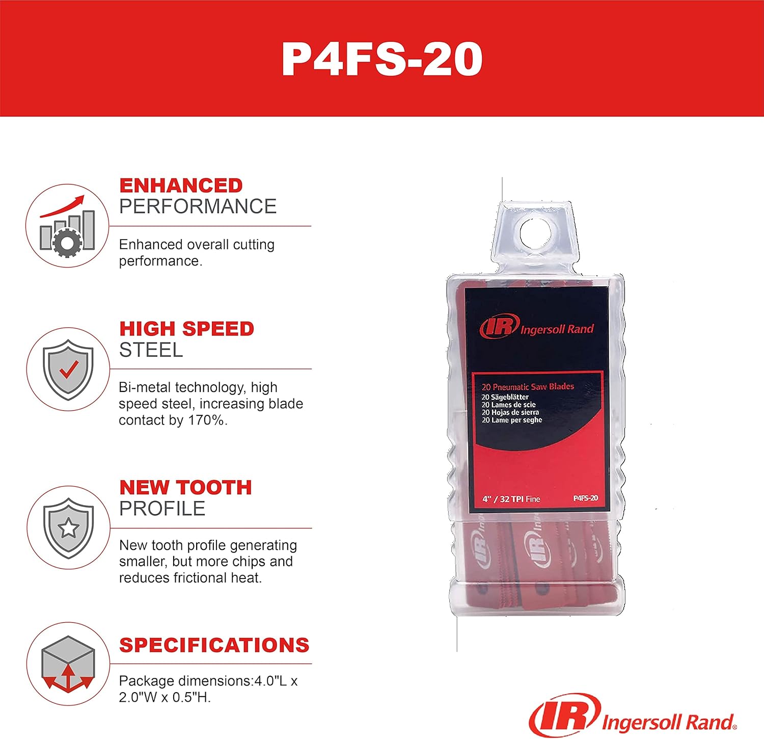 Ingersoll Rand P4FS-20 Hojas de sierra recíproca de aire, paquete de 20, 4 pulgadas 32 TPI finas para sierras alternantes de aire de vástago