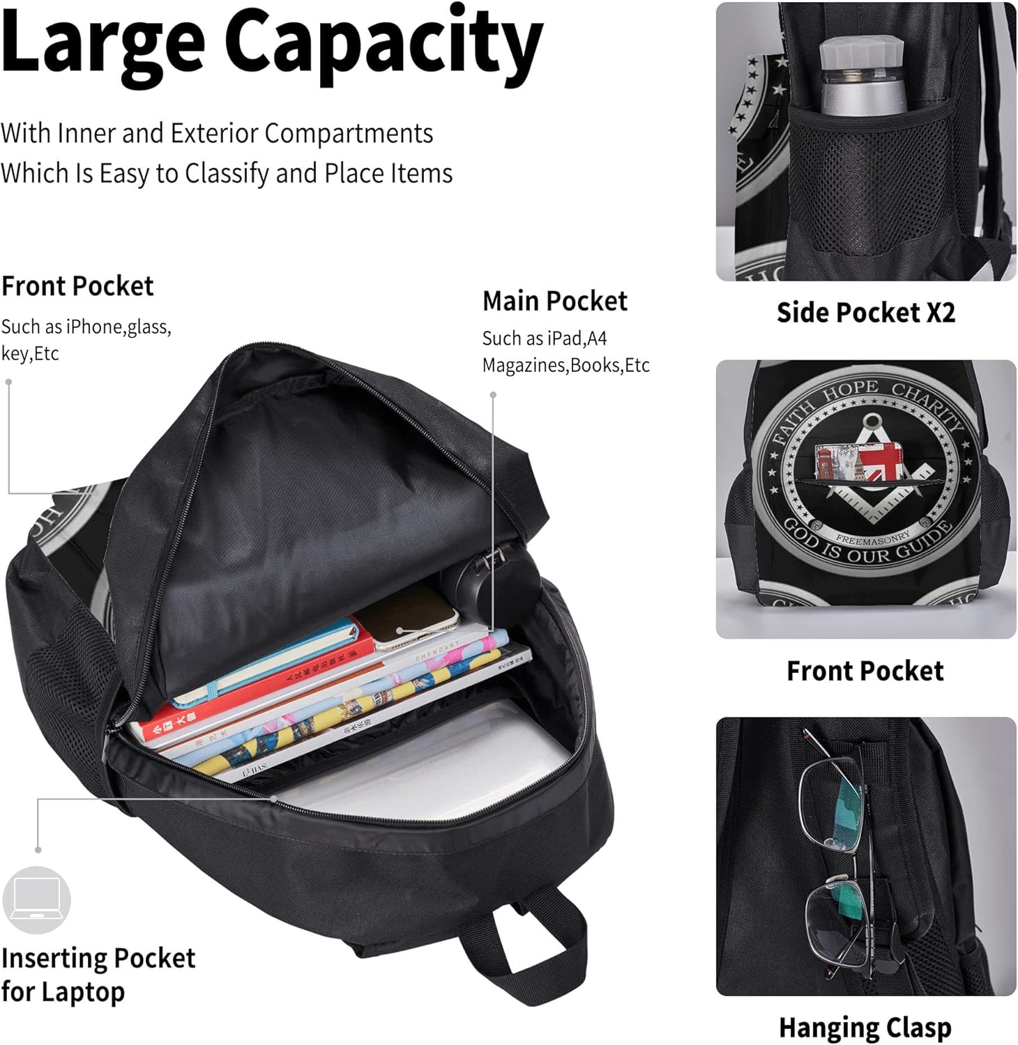 Juego de mochila de 3 piezas para niños y niñas (bolsa escolar + estuche + combinación de bolsa de almuerzo), Negro -, Mochila, viaje