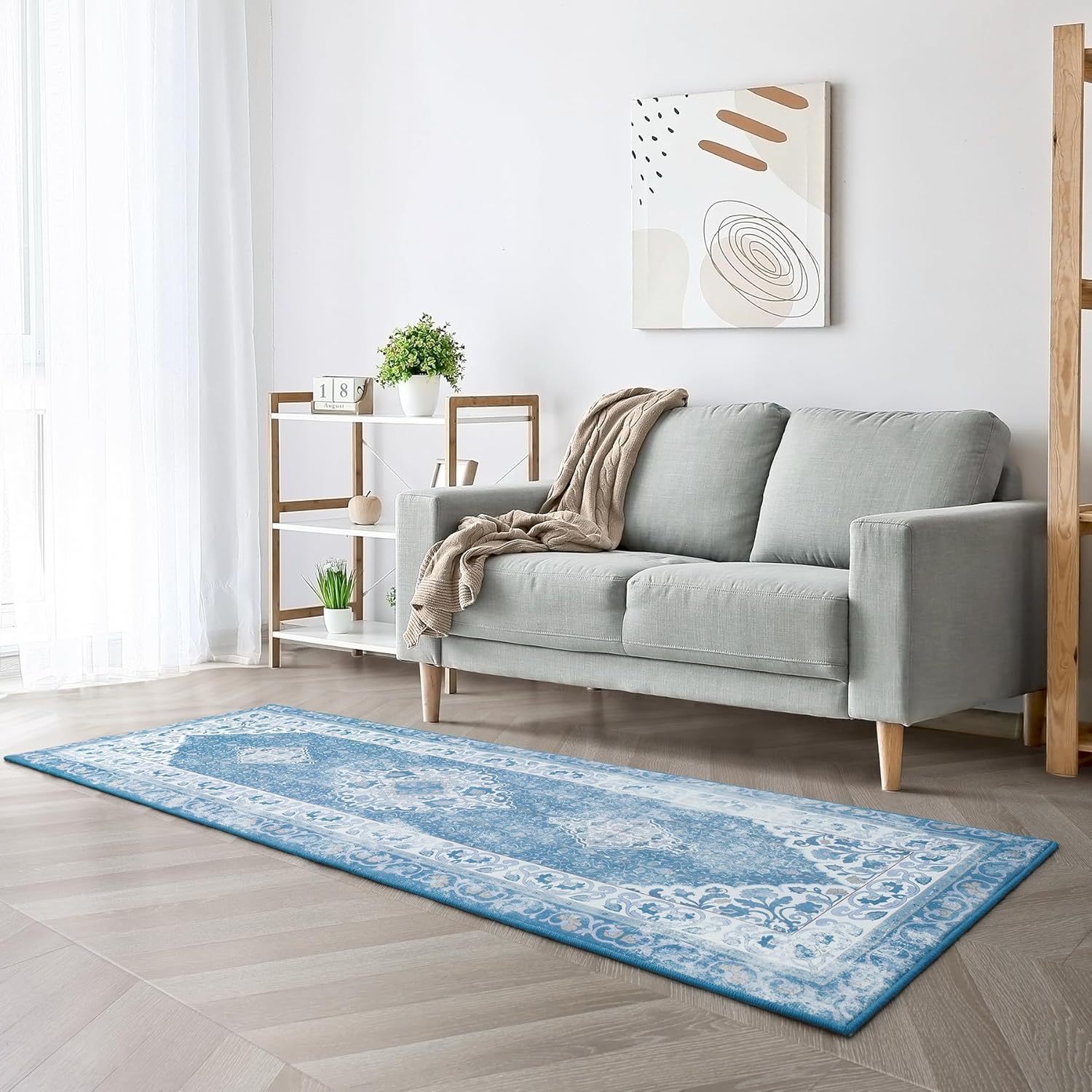 Alfombra de pasillo para dormitorio, alfombra azul de 2 x 6 pulgadas, alfombra floral pequeña para cocina, lavandería, entrada, alfombra de