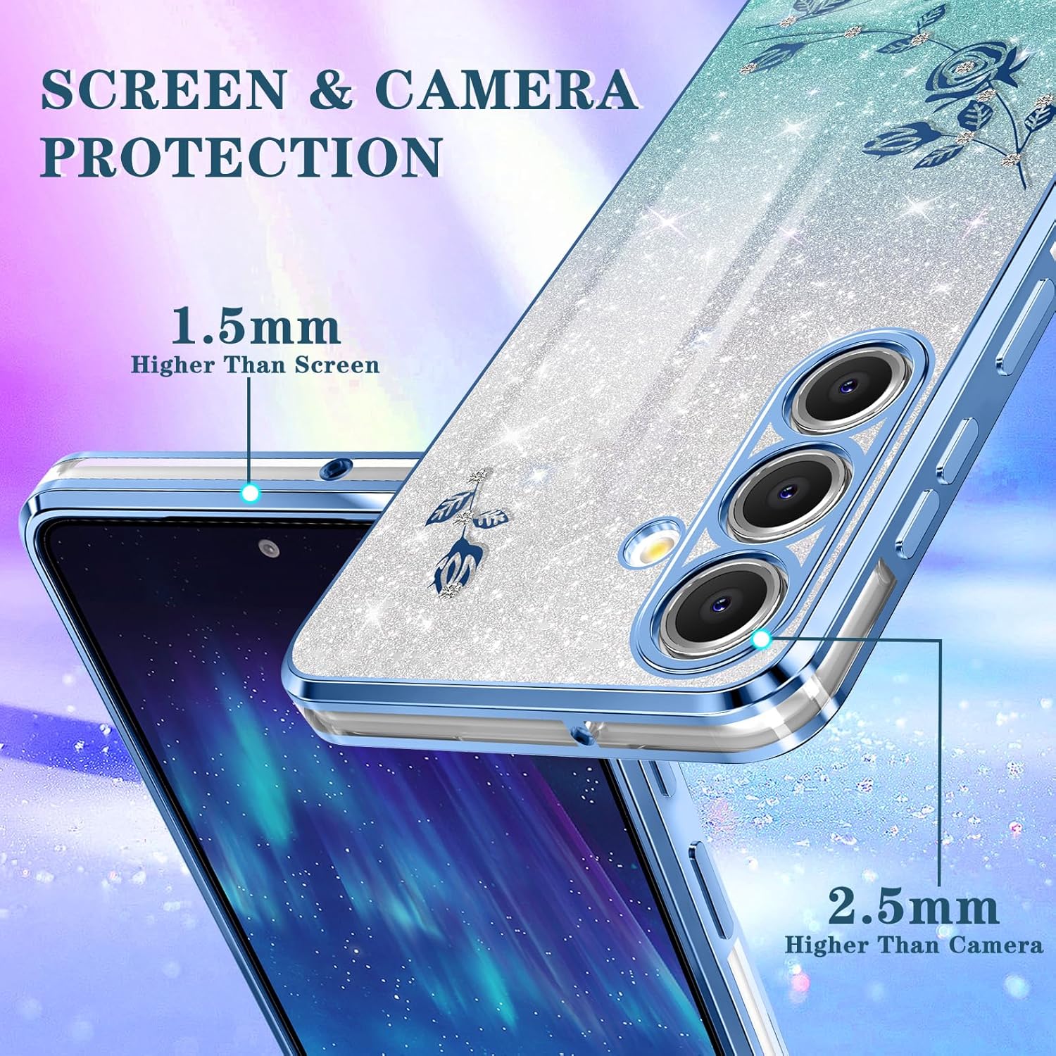 Coralogo Funda para teléfono Samsung Galaxy A54 5G 3 en 1 con purpurina brillante para mujeres y niñas, funda brillante con bonito diseño floral de