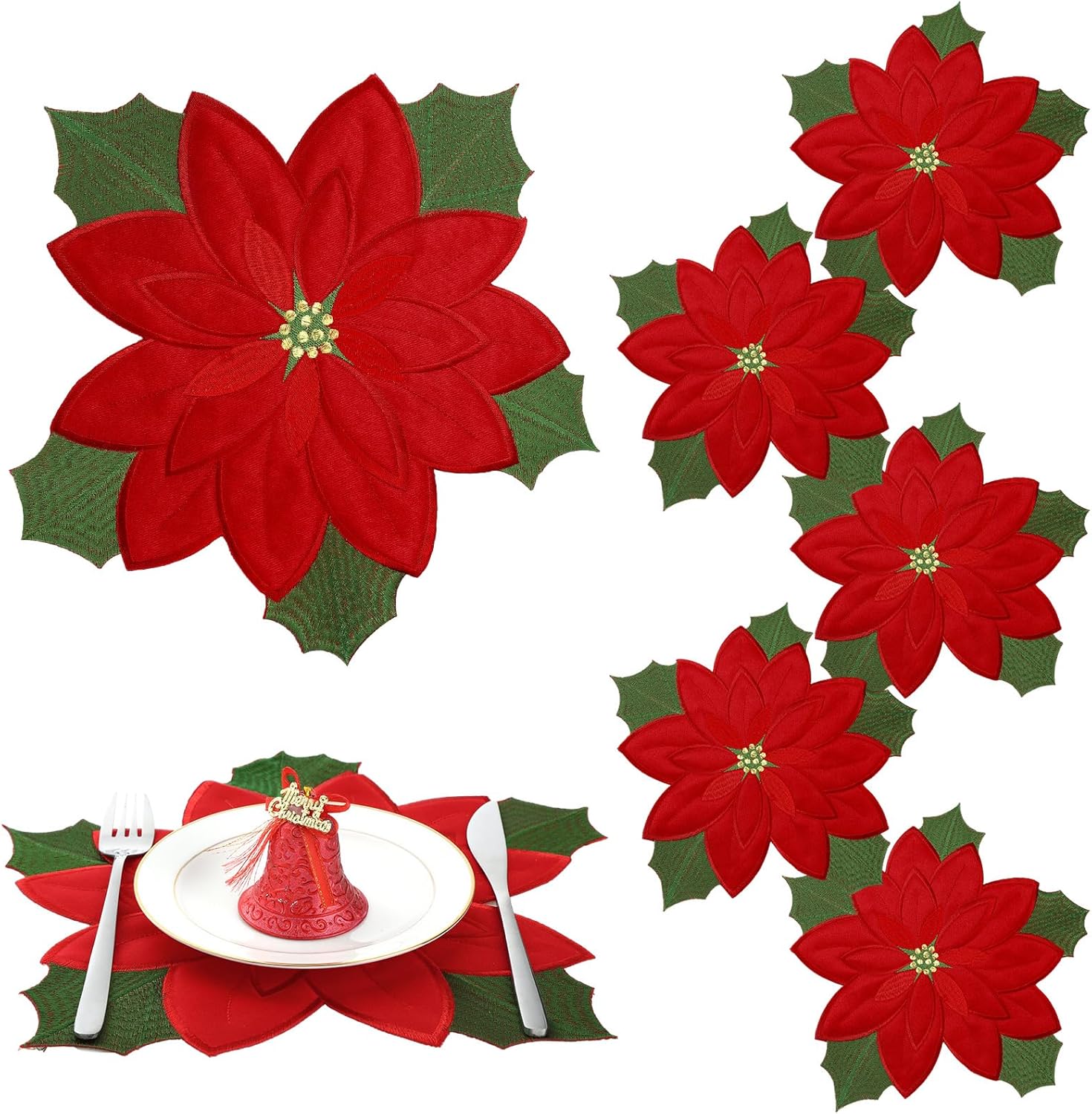 Yingzhao 6 manteles individuales bordados de flor de pascua de Navidad de doble capa, manteles individuales con apliques rojos, manteles