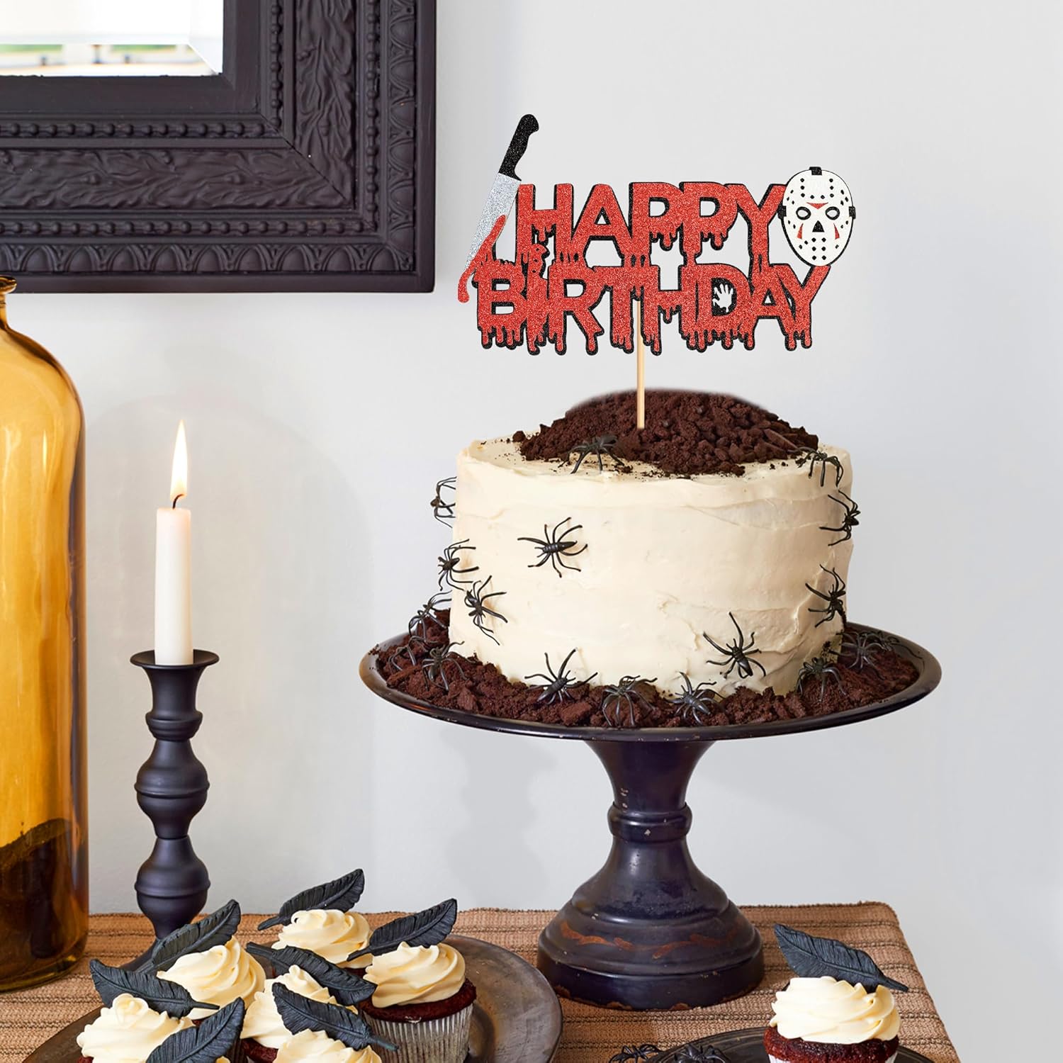 Ercadio 1 paquete de decoración de pastel de película de terror con purpurina para Halloween Killer para pastel de cumpleaños con temática de