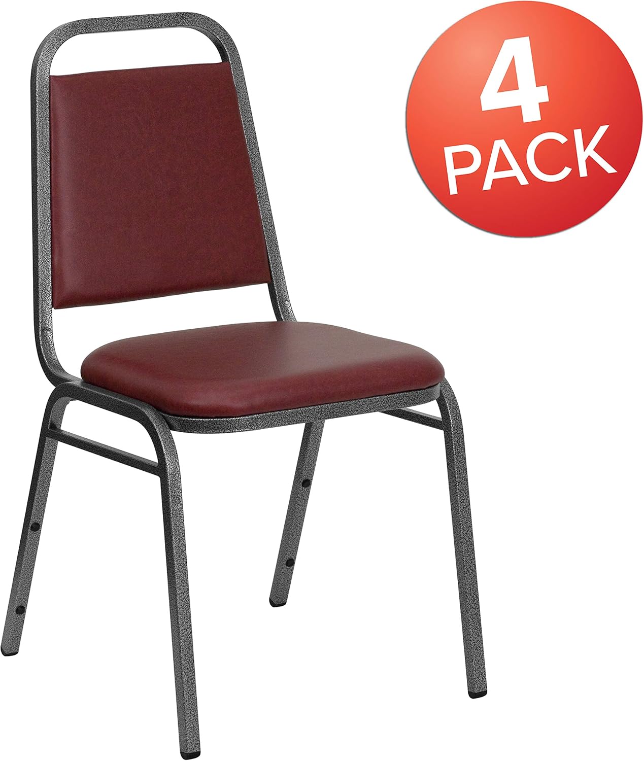 BizChair Paquete de 4 sillas de banquete apilables con respaldo trapezoidal en vinilo burdeos, asiento de 1.5 pulgadas de grosor