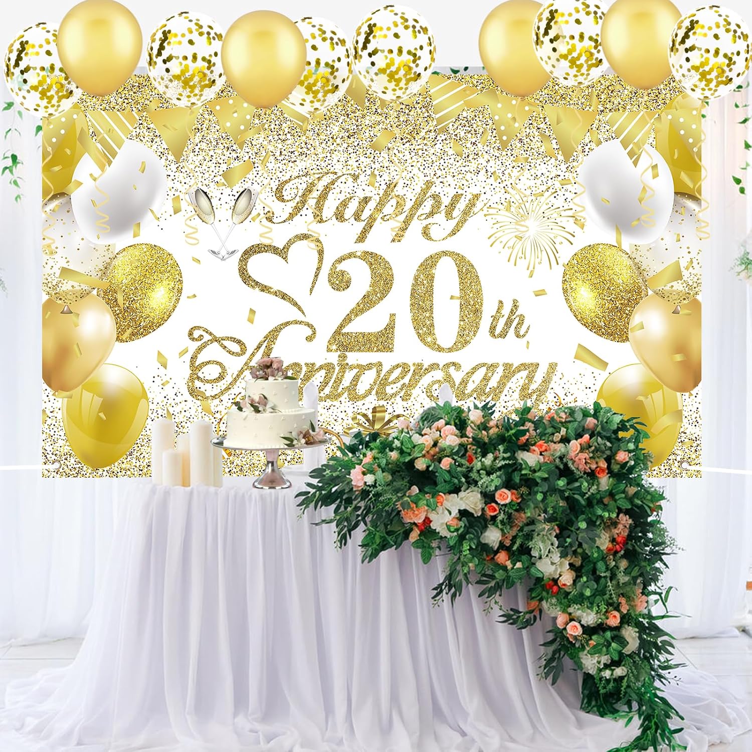 Rumia Decoraciones del 20 aniversario  Cartel de feliz boda de oro blanco, 72.8 x 43.3 pulgadas