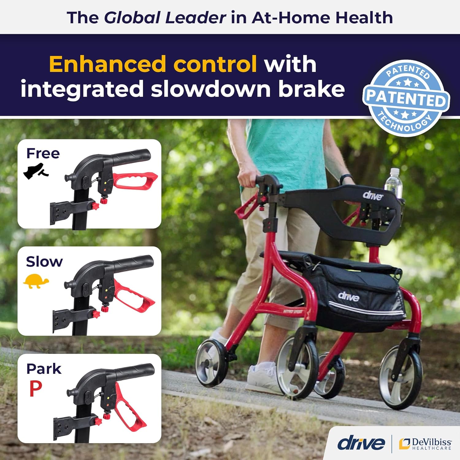 Drive Medical Nitro Sprint – Andador plegable con asiento, ligero, para estatura estándar, con ruedas grandes, plegable, color rojo