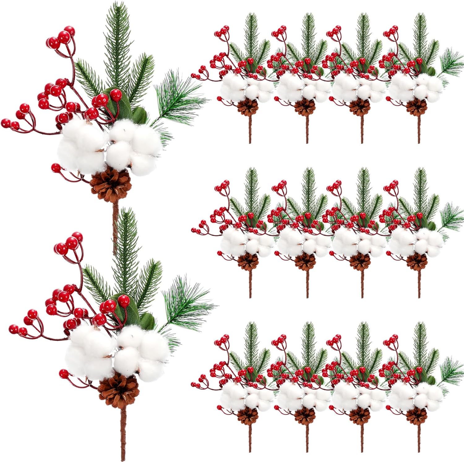 12 púas de pino nevado de Navidad, púas de bayas rojas, púas artificiales de pino de acebo, bayas falsas, conos de pino para manualidades de