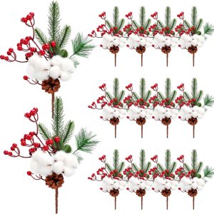 12 púas de pino nevado de Navidad, púas de bayas rojas, púas artificiales de pino de acebo, bayas falsas, conos de pino para manualidades de 12 púas de pino nevado de Navidad, púas de bayas rojas, púas artificiales de pino de acebo, bayas falsas, conos de pino para manualidades de