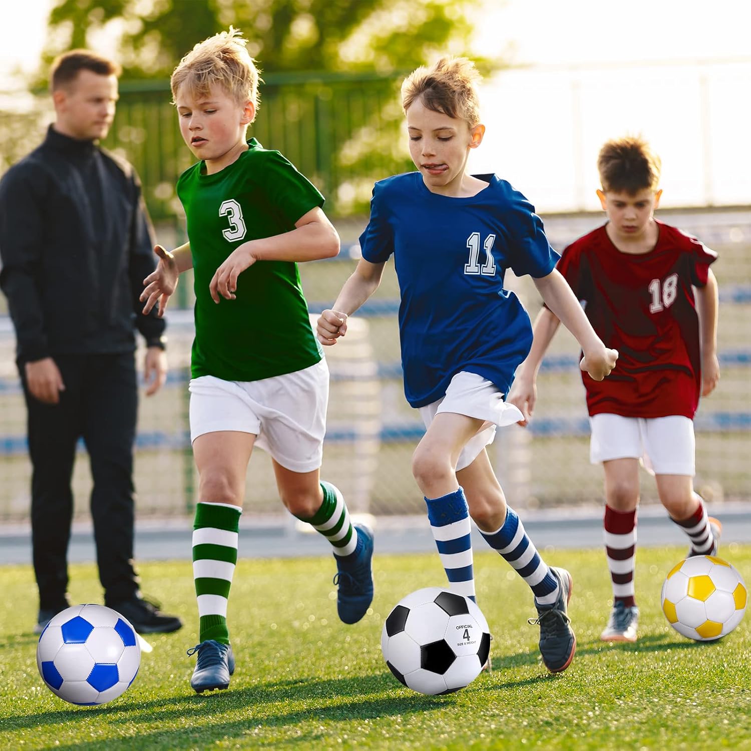 4 pelotas de fútbol con inflador, tamaño oficial, para deportes en interiores y exteriores, para niños y adultos, jugadores, entrenamiento, regalo