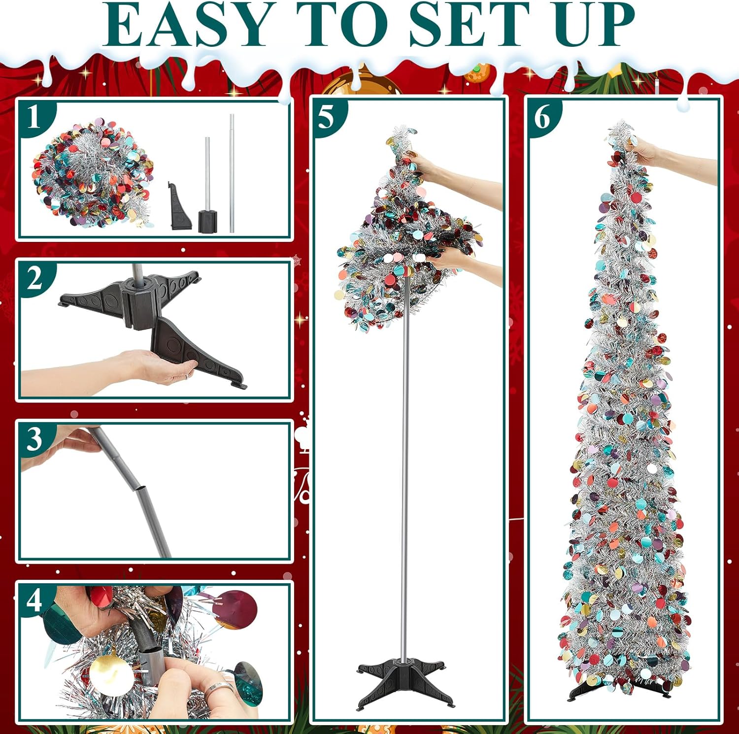 Shappy 2 árboles de Navidad plegables de 5 pies, árbol de Navidad artificial de oropel para decoración del hogar, oficina, interior, dormitorio,