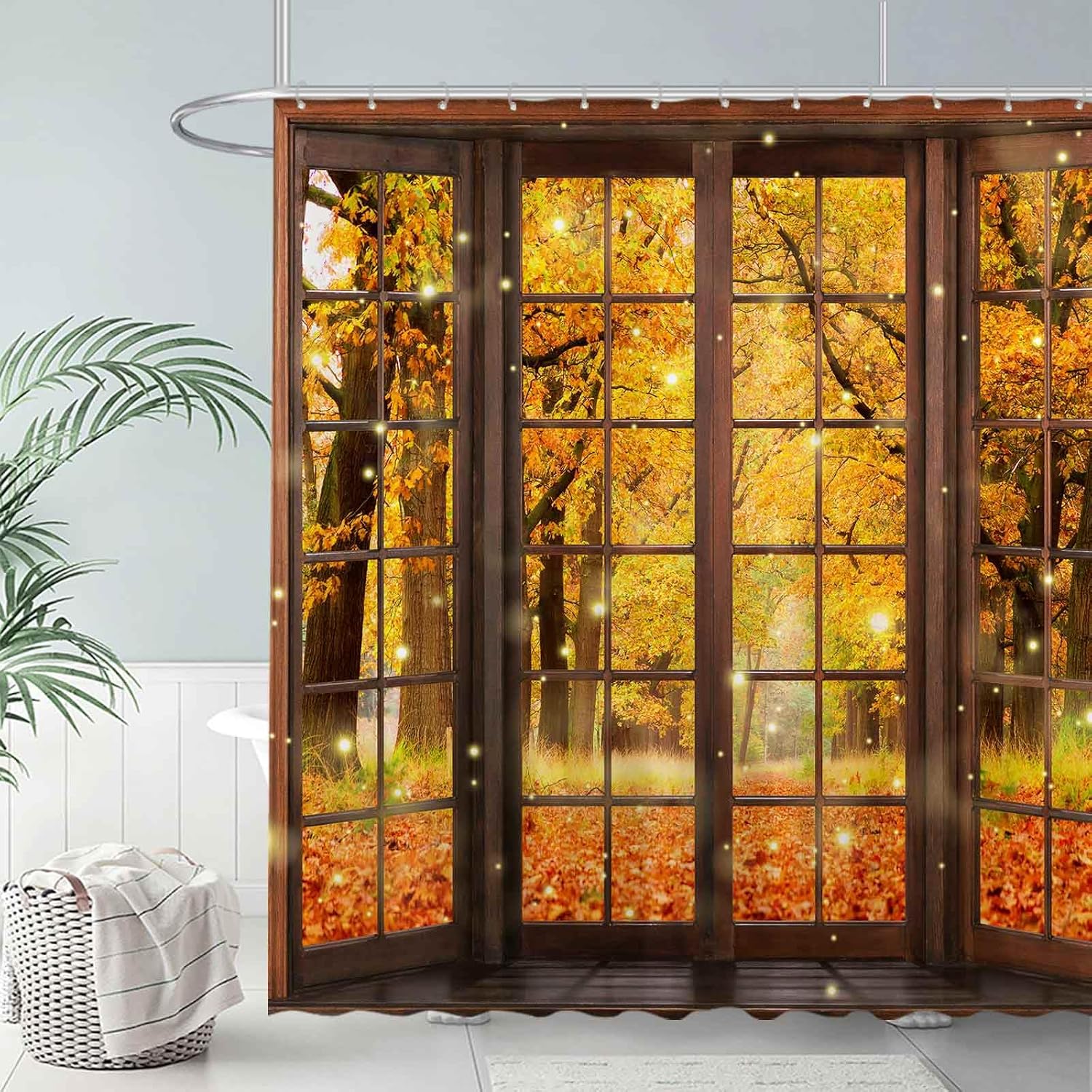 Allenjoy Cortina de ducha de otoño de 72 x 72 pulgadas, hojas de arce otoñal, bosque, tinas de baño, juego de decoración de cortina de baño, tela de