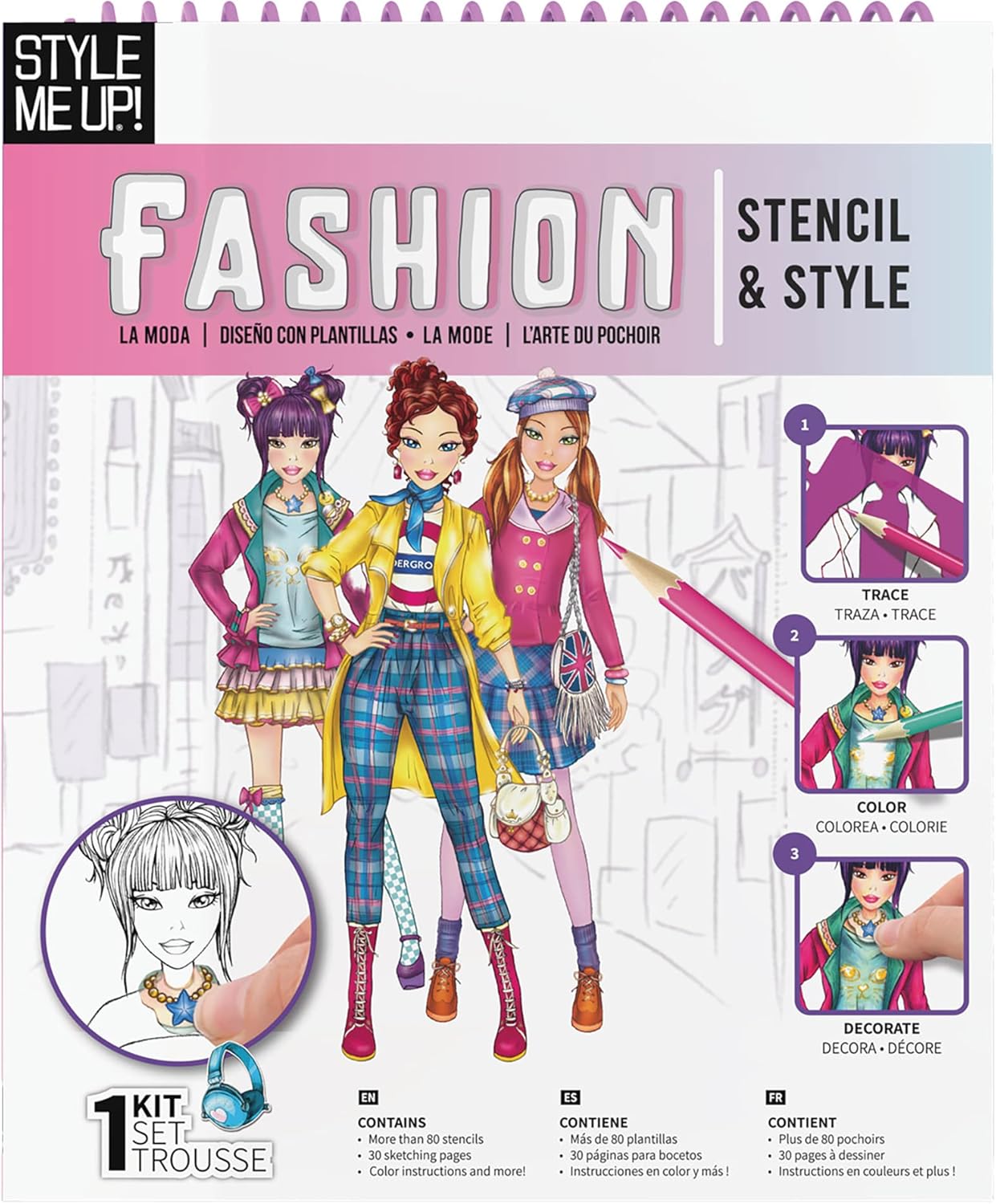 Style Me Up Plantilla y estilo de moda, kit de arte para niños, incluye 30 plantillas de modelos para elegir, más de 80 plantillas de moda para