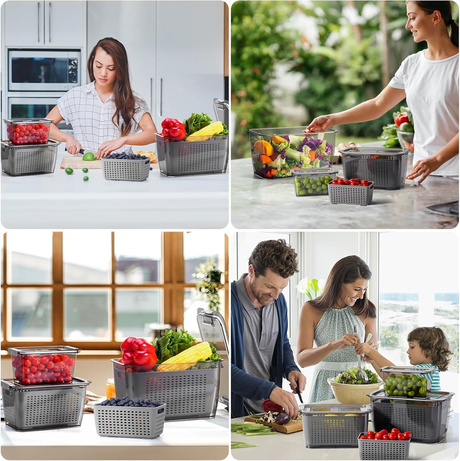 LUXEAR Paquete de 4 recipientes de frutas para refrigerador, contenedor de almacenamiento de verduras con tapas y colador extraíble organizador de