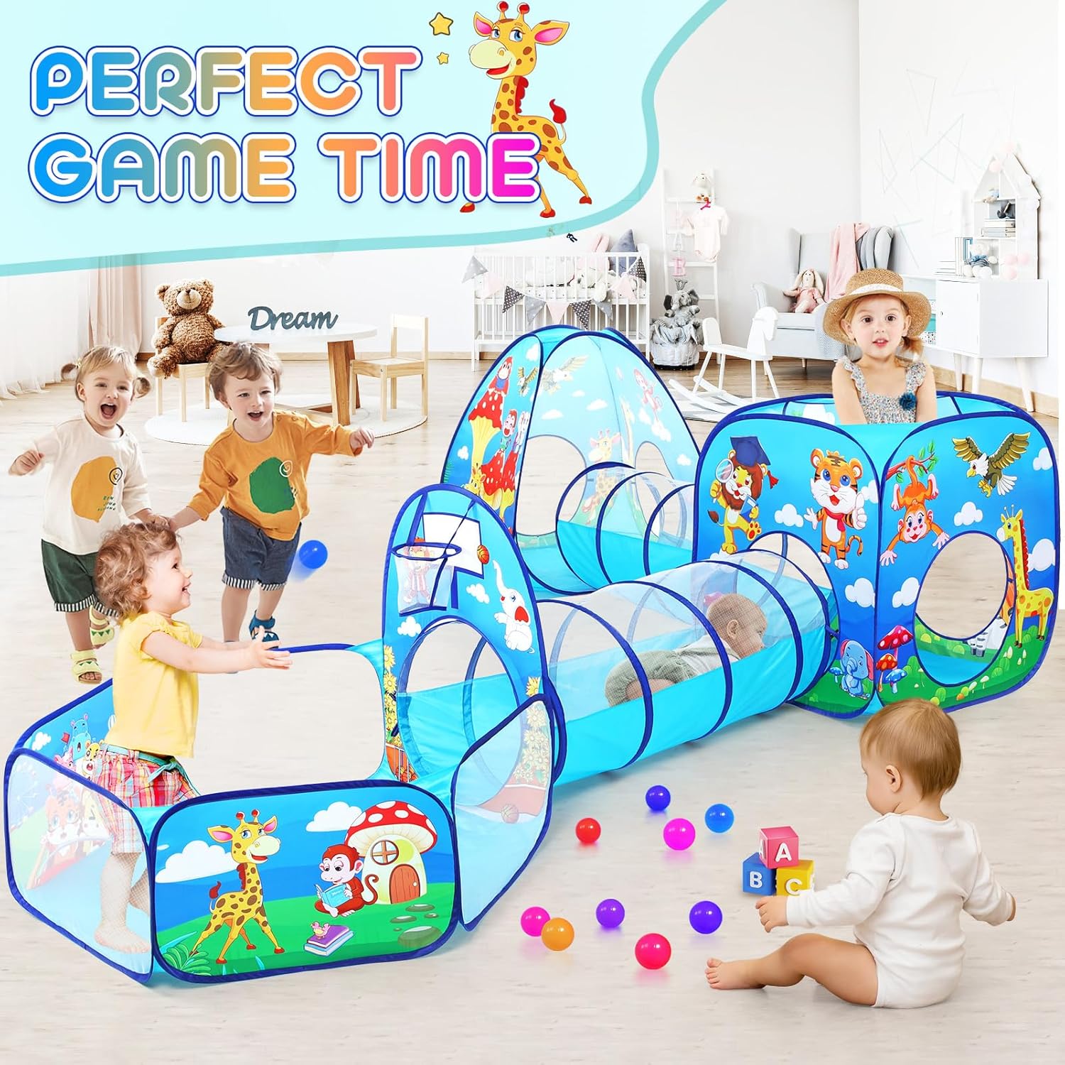 Tienda de campaña de juego para niños pequeños de 5 piezas con 1 hoyo de pelotas de bebé, 2 túneles de gateo para bebés, 2 tiendas de campaña