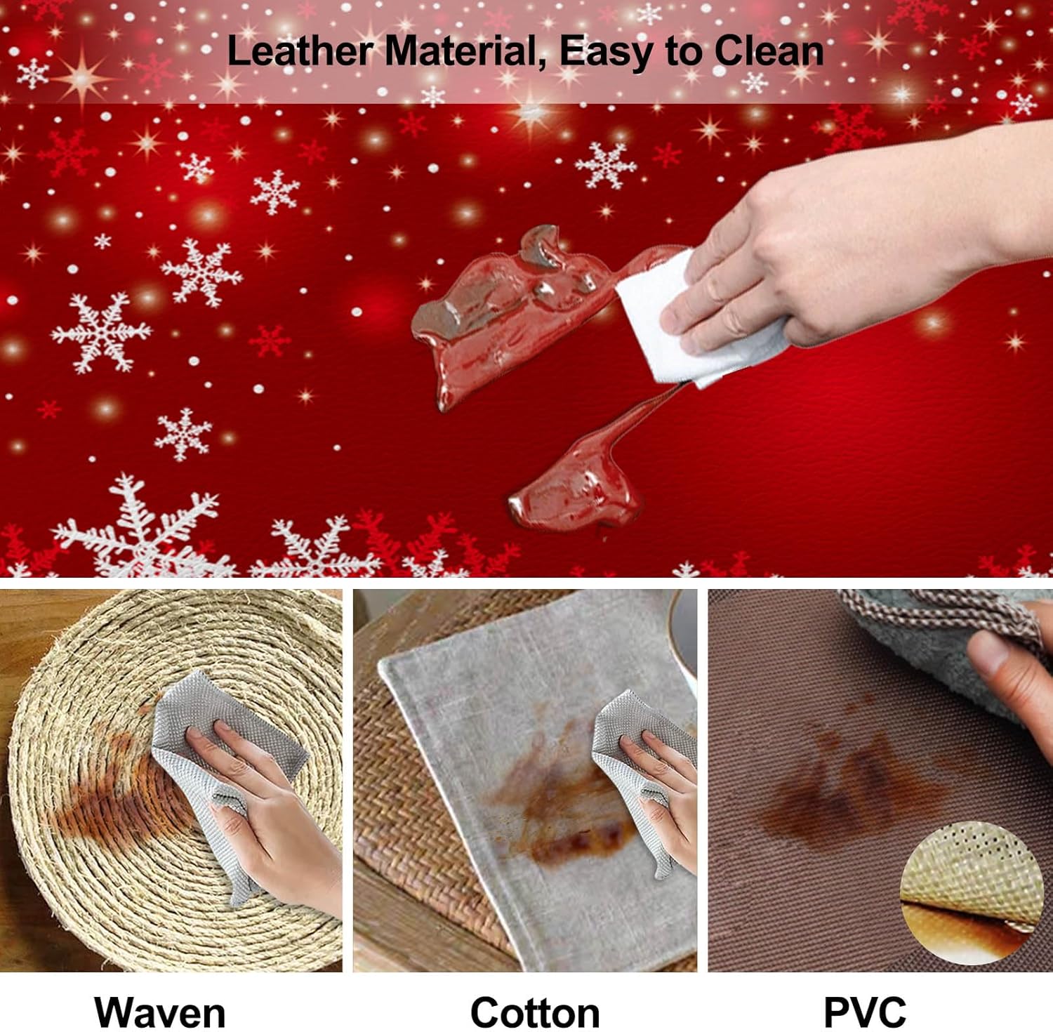 LNOND Juego de 4 manteles individuales y posavasos rojos, tapetes de mesa de cocina con copos de nieve navideños, resistentes al calor en invierno,