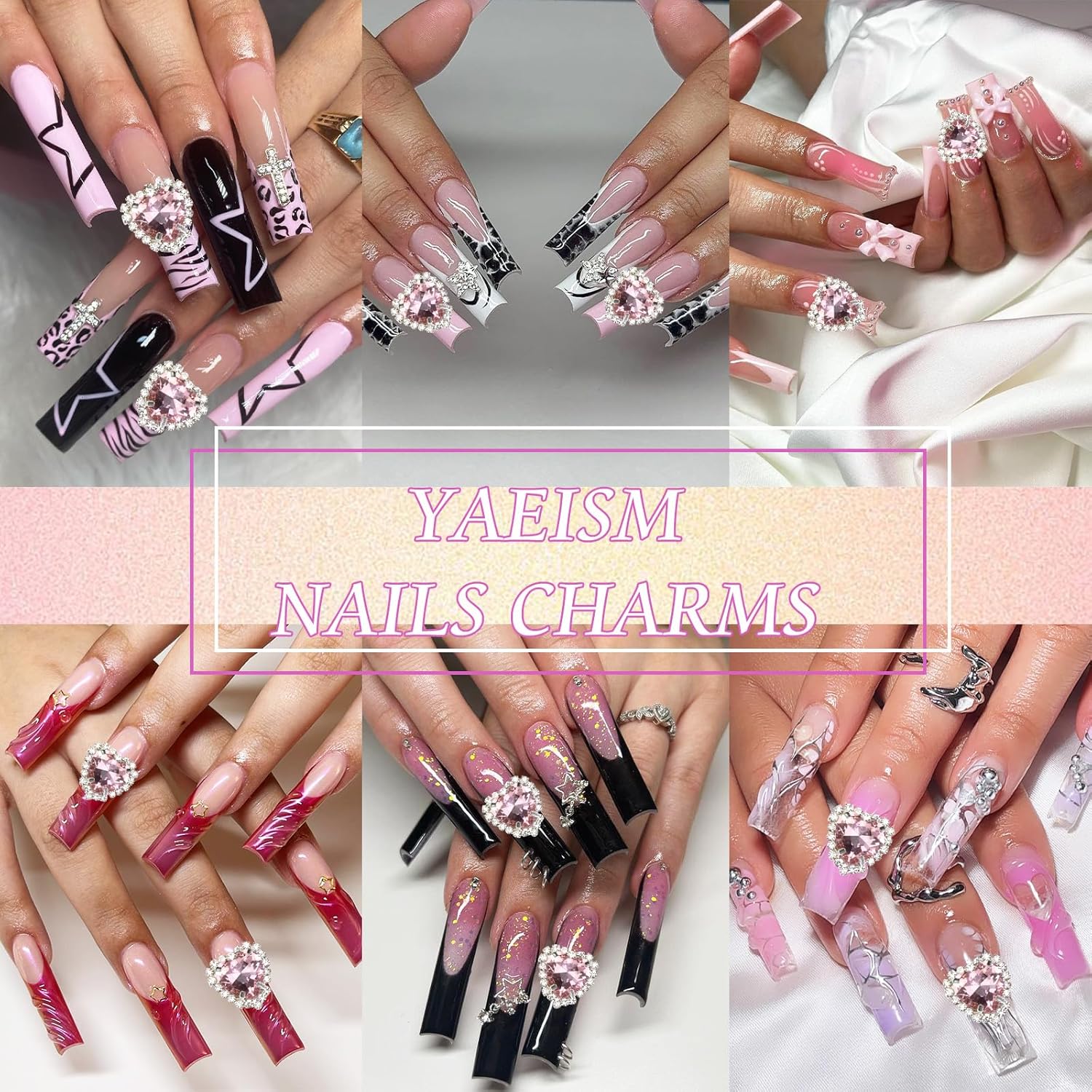 YAEISM Dijes de arte de uñas de corazón de 0.472 pulgadas, 10 piezas de diamantes de imitación de cristal 3D, dijes de uñas de diamante rosa