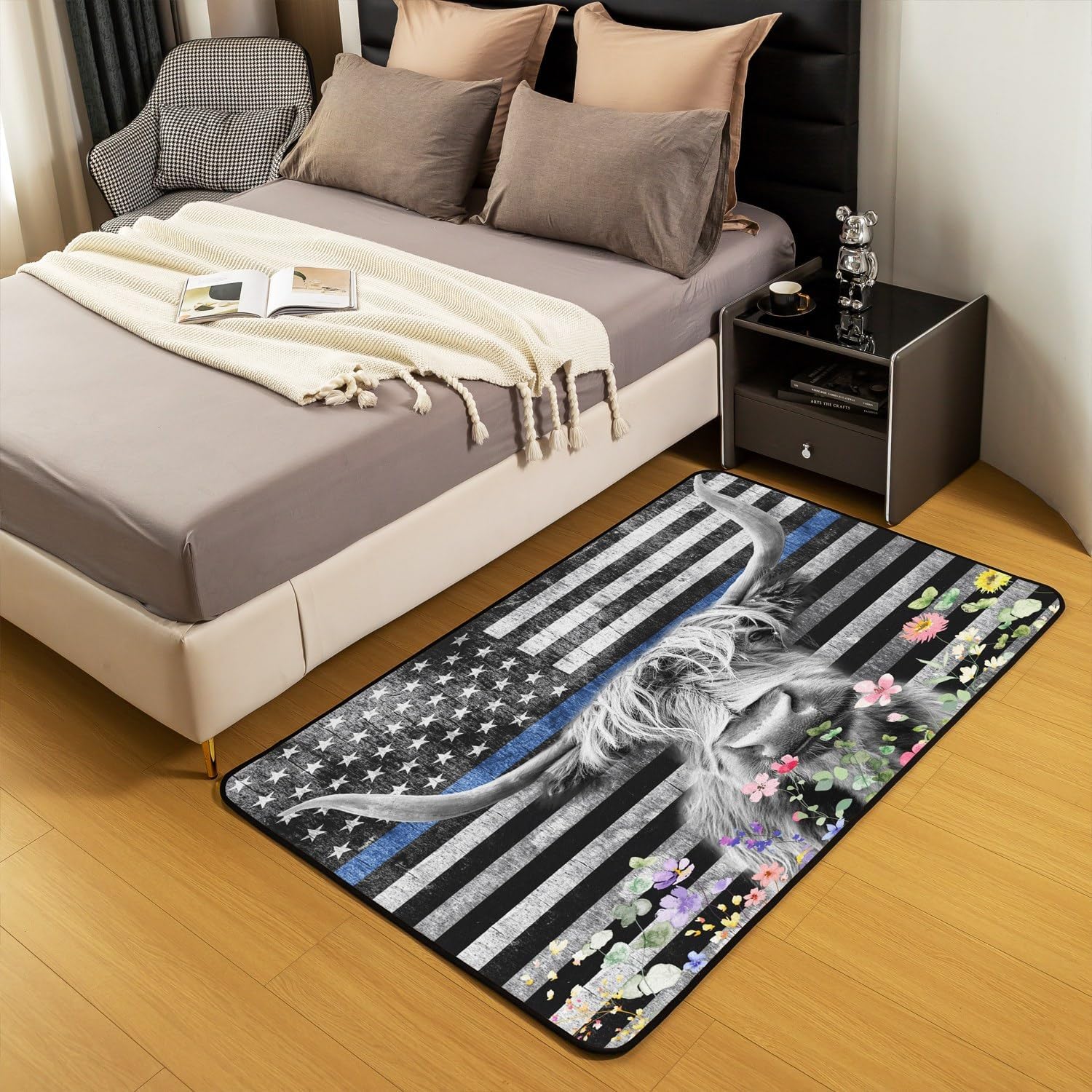 Highland – Alfombra decorativa de vaca de 5 x 7 pulgadas, diseño de bandera estadounidense, para niños y niñas, diseño floral, para sala de estar,
