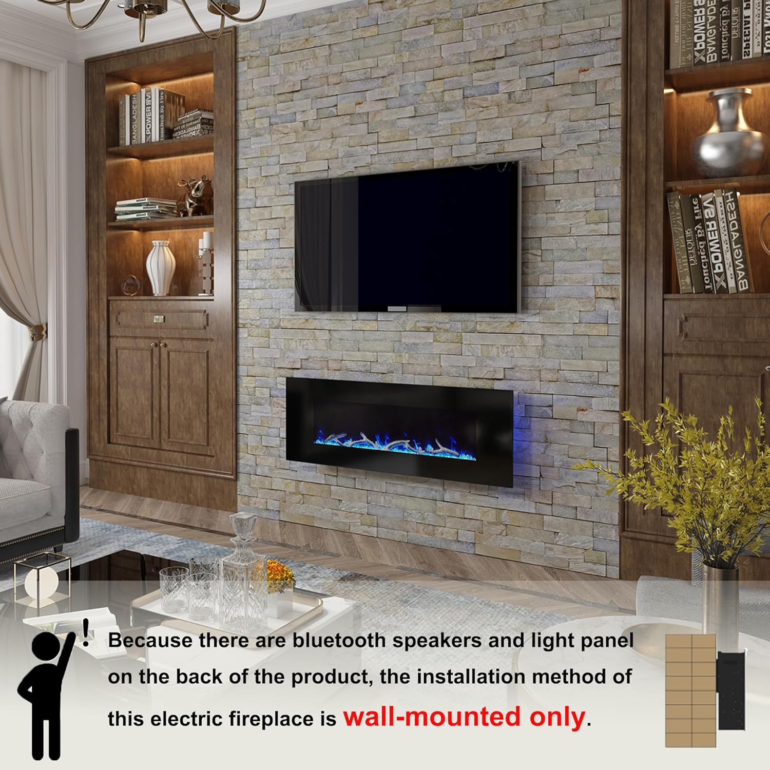 Chimenea eléctrica de 50 pulgadas con altavoces Bluetooth montada en la pared de bajo ruido ultra fina chimenea lineal ajustable 8 colores de llama,
