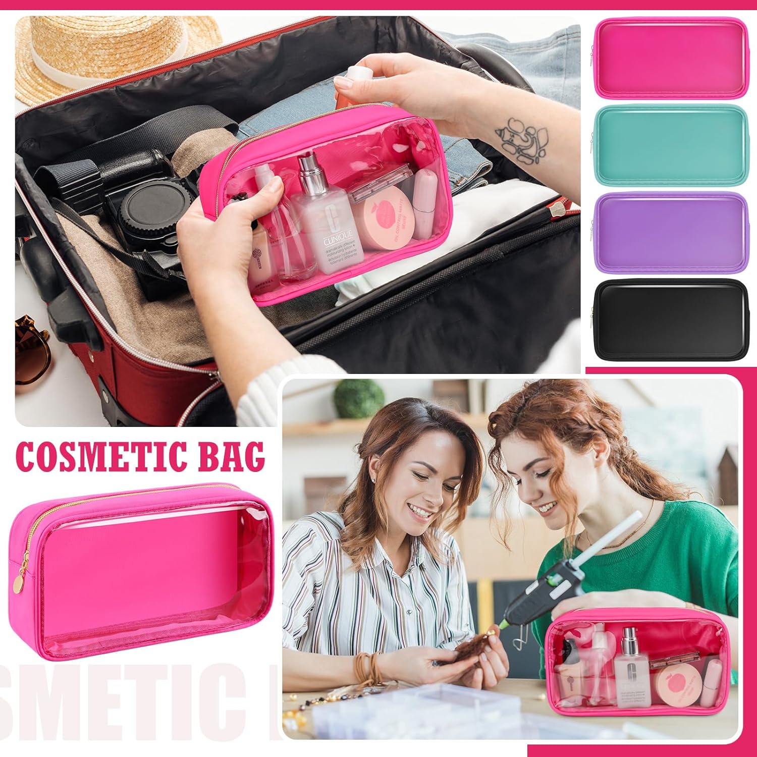 4 bolsas de maquillaje transparentes para bolso, bolsa de maquillaje de nailon y PVC, bolsa de viaje para cosméticos, bolsa de aseo con cremallera,