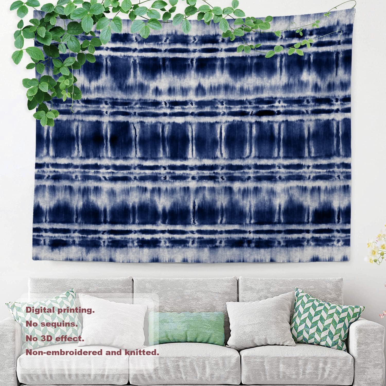 Shrahala Tapiz de pared de teñido anudado azul, a rayas Shibori azul marino índigo abstracto folk para colgar en la pared, tapiz grande decorativo