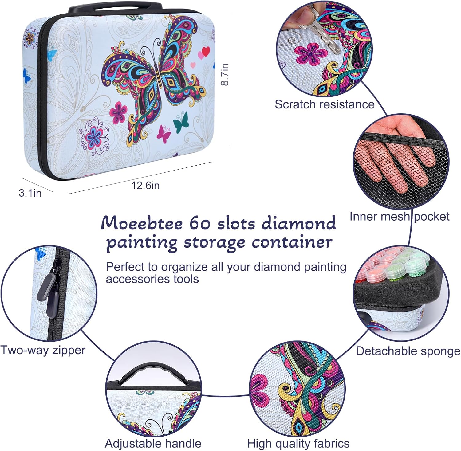 MoeeBtee Contenedores de almacenamiento de pintura de diamante, 60 ranuras para accesorios y herramientas de pintura de diamante, estuche