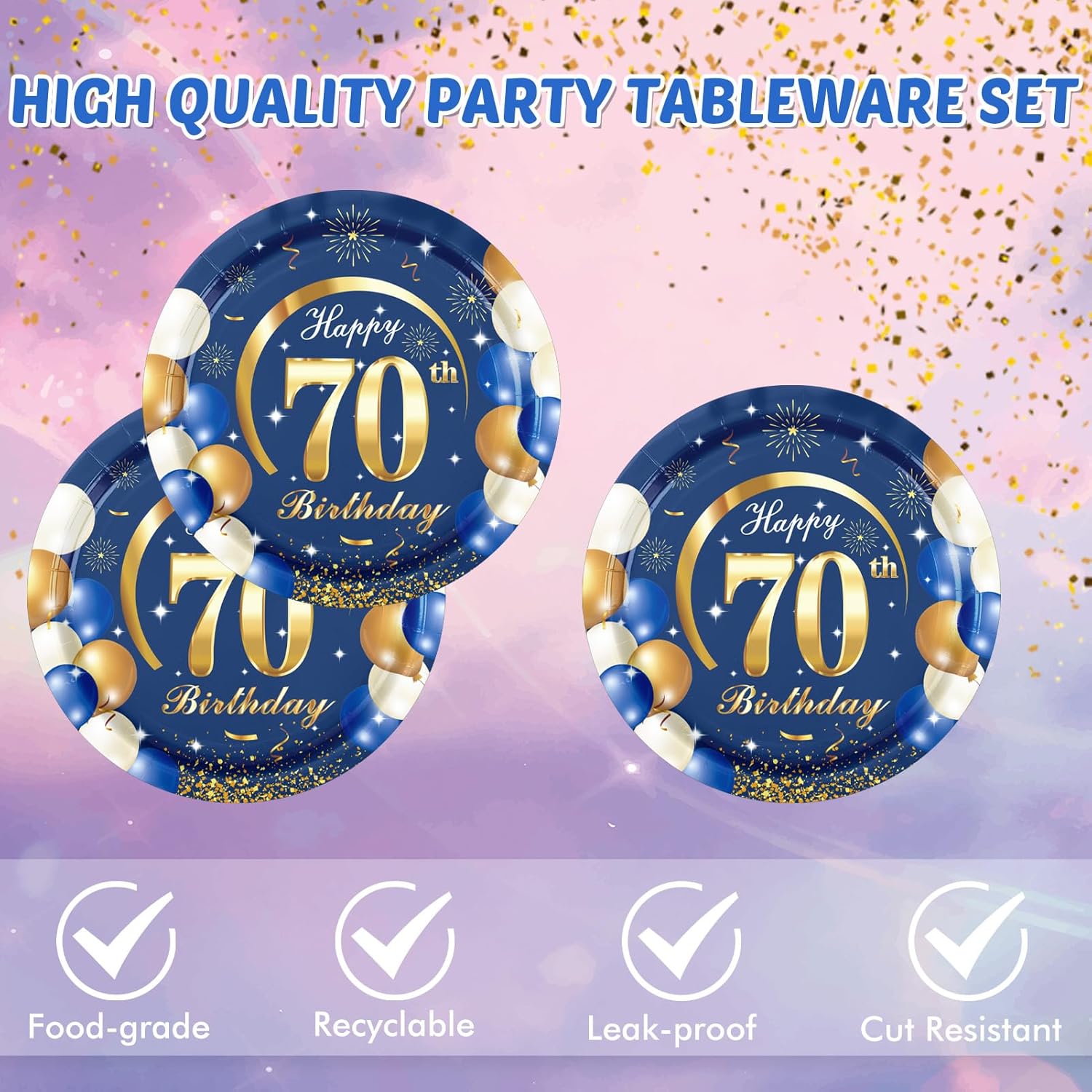 40 unidades, 40 unidades, decoraciones de cumpleaños n. 70 para hombres, azul marino y dorado, incluye platos, servilletas para decoración de fiesta