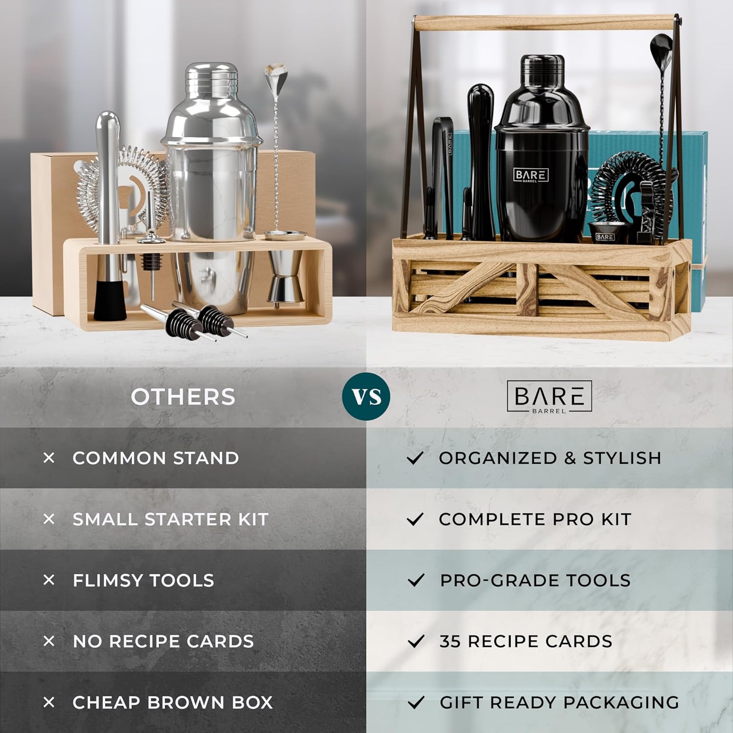 BARE BARREL Mixology Bartender Kit Bar Set  Juego de coctelera de Martini  Herramientas de mezcla de barware para el hogar  Carrito portátil rústico