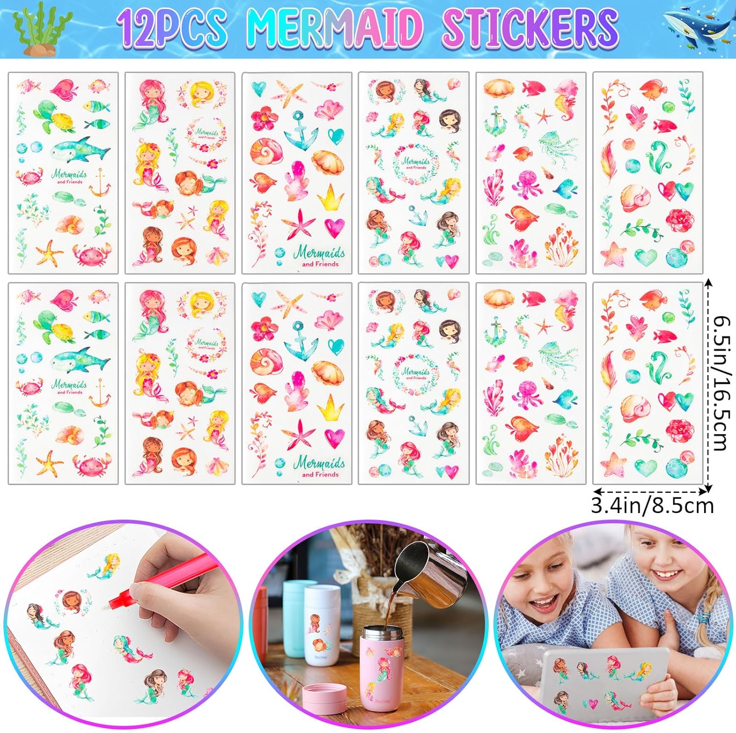 Winrayk Regalos de fiesta de sirena, suministros de cumpleaños para niñas, bolígrafos de tinta invisible, mini cuadernos, calcomanías para niños,