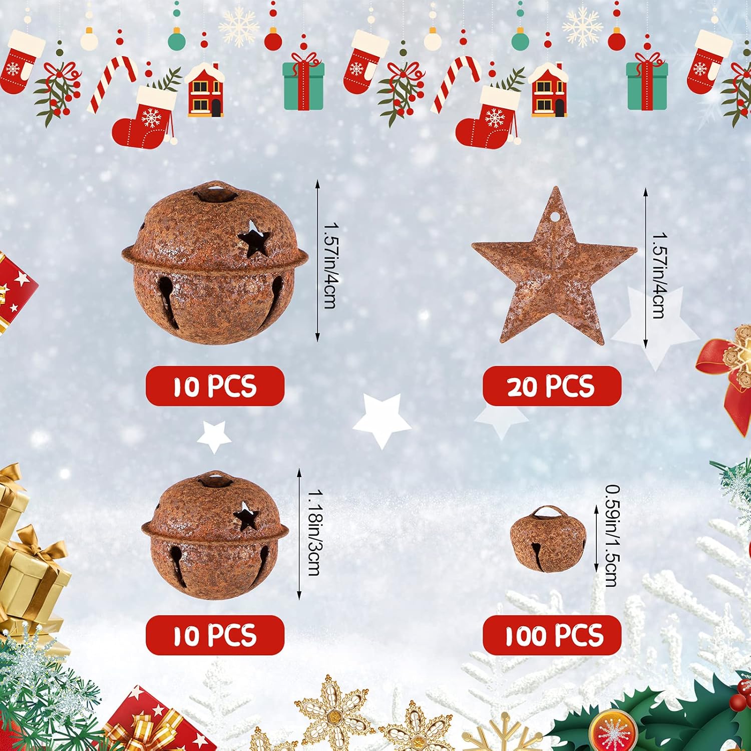 Juego de 140 campanas de Navidad oxidadas, incluye 100 campanas pequeñas rústicas con 20 estrellas y 20 estrellas de metal oxidado, adorno vintage