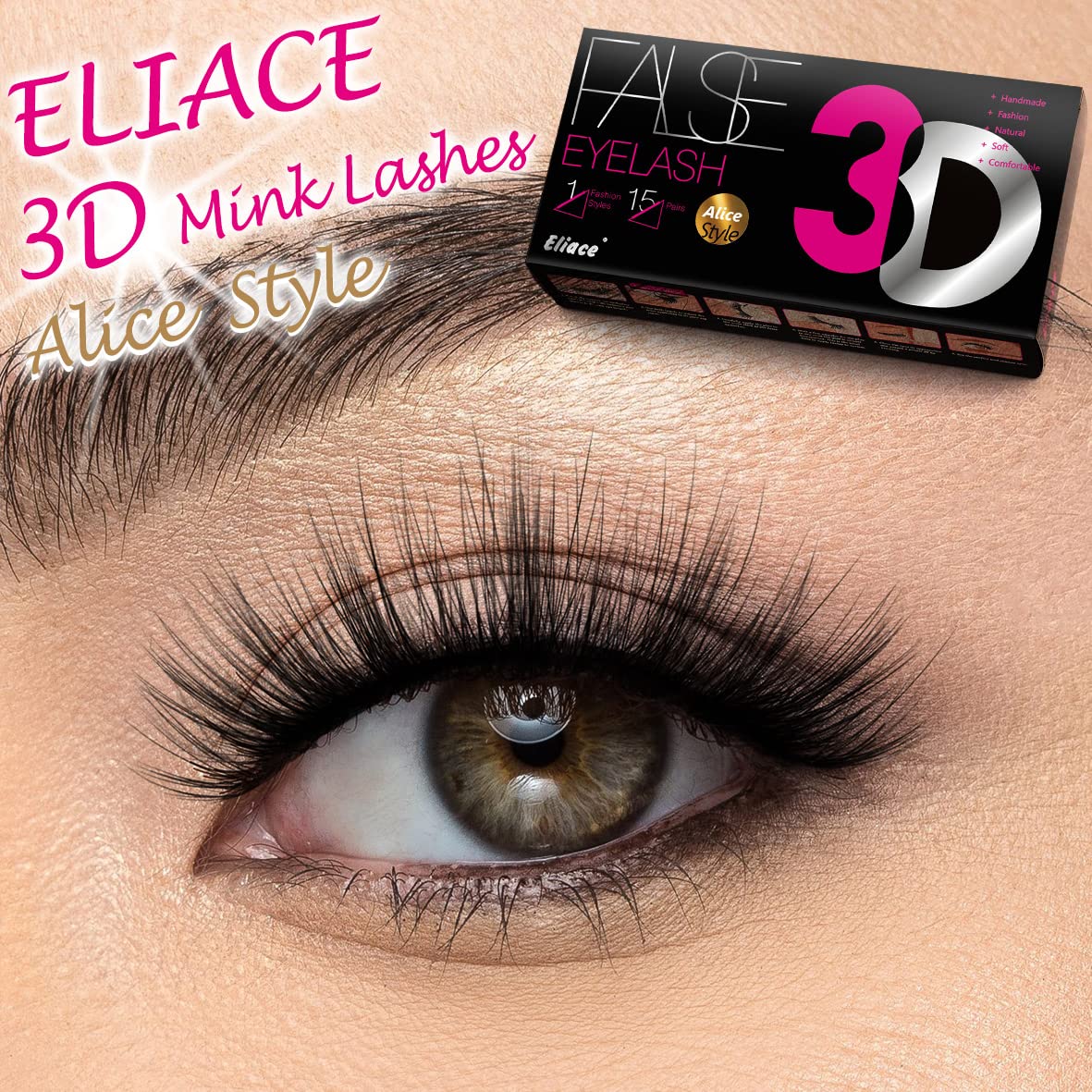 Eliace Pestañas postizas de aspecto natural, pestañas de ojo de gato, tiras finas, pestañas postizas de visón 3D, pestañas postizas de volumen