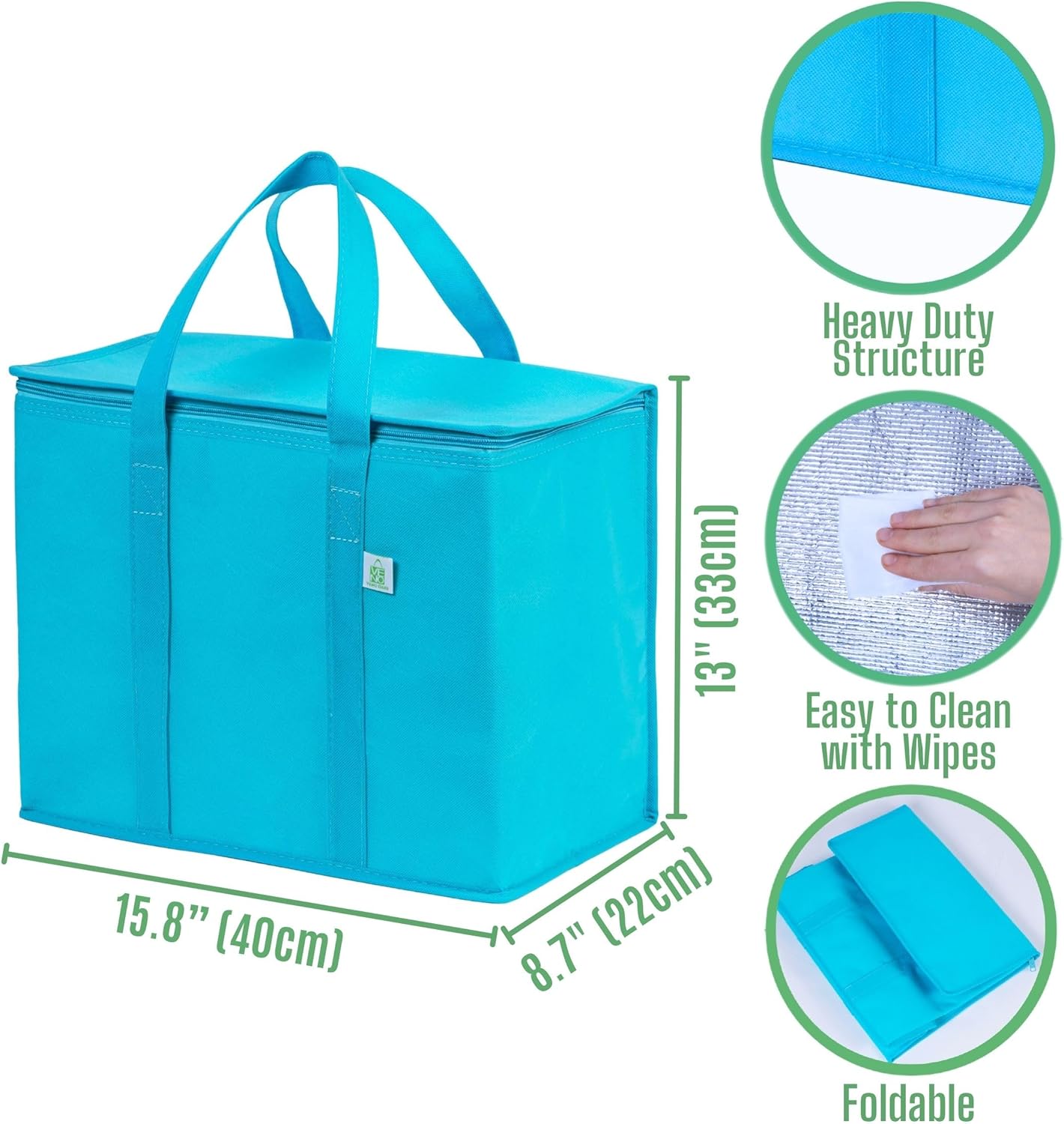 VENO Bolsas de comestibles reutilizables aisladas, bolsa de entrega de alimentos, duradera, resistente, grande, plegable, cremallera resistente