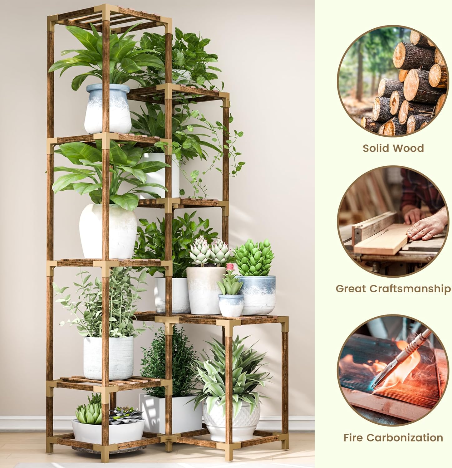 HOMKIRT Estante de esquina de 10 niveles alto para plantas para interiores y exteriores, soporte grande de madera para plantas, soporte para