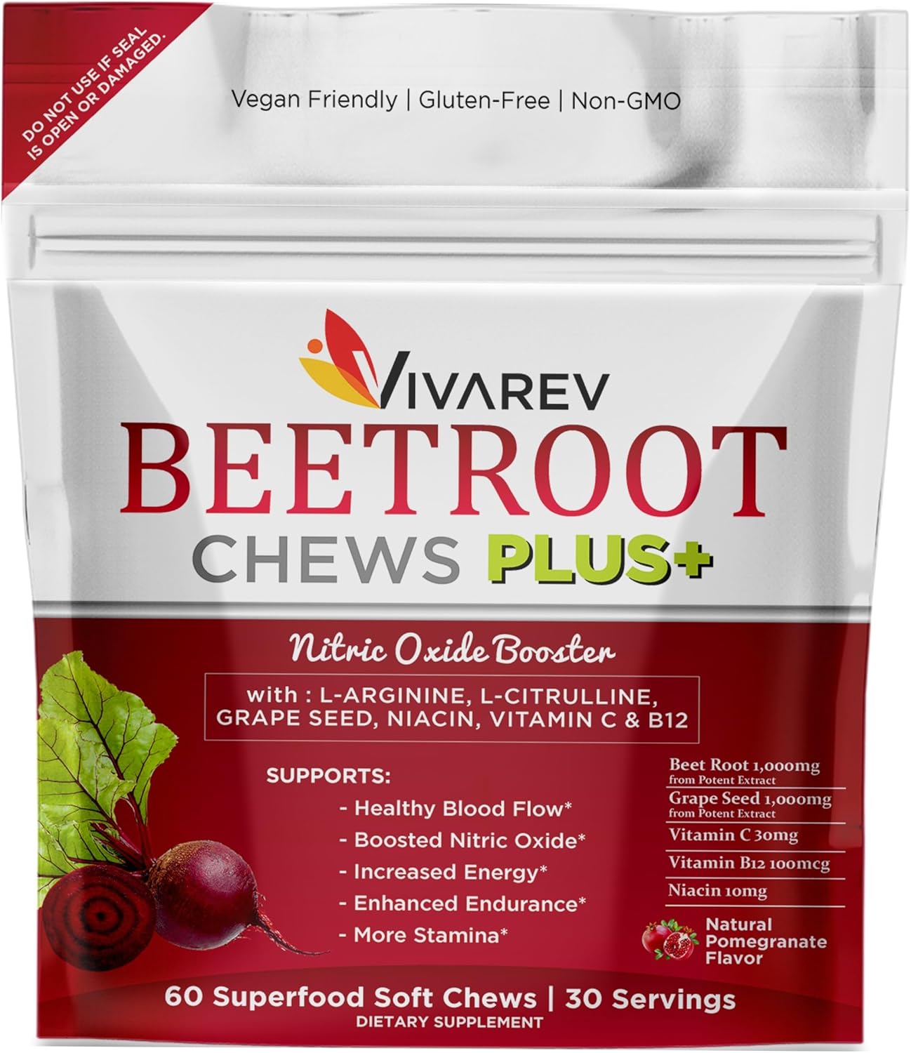 VIVAREV Suplemento de óxido nítrico de remolacha  1000 mg de remolacha en polvo con L arginina, L citrulina, extracto de semilla de uva, niacina,