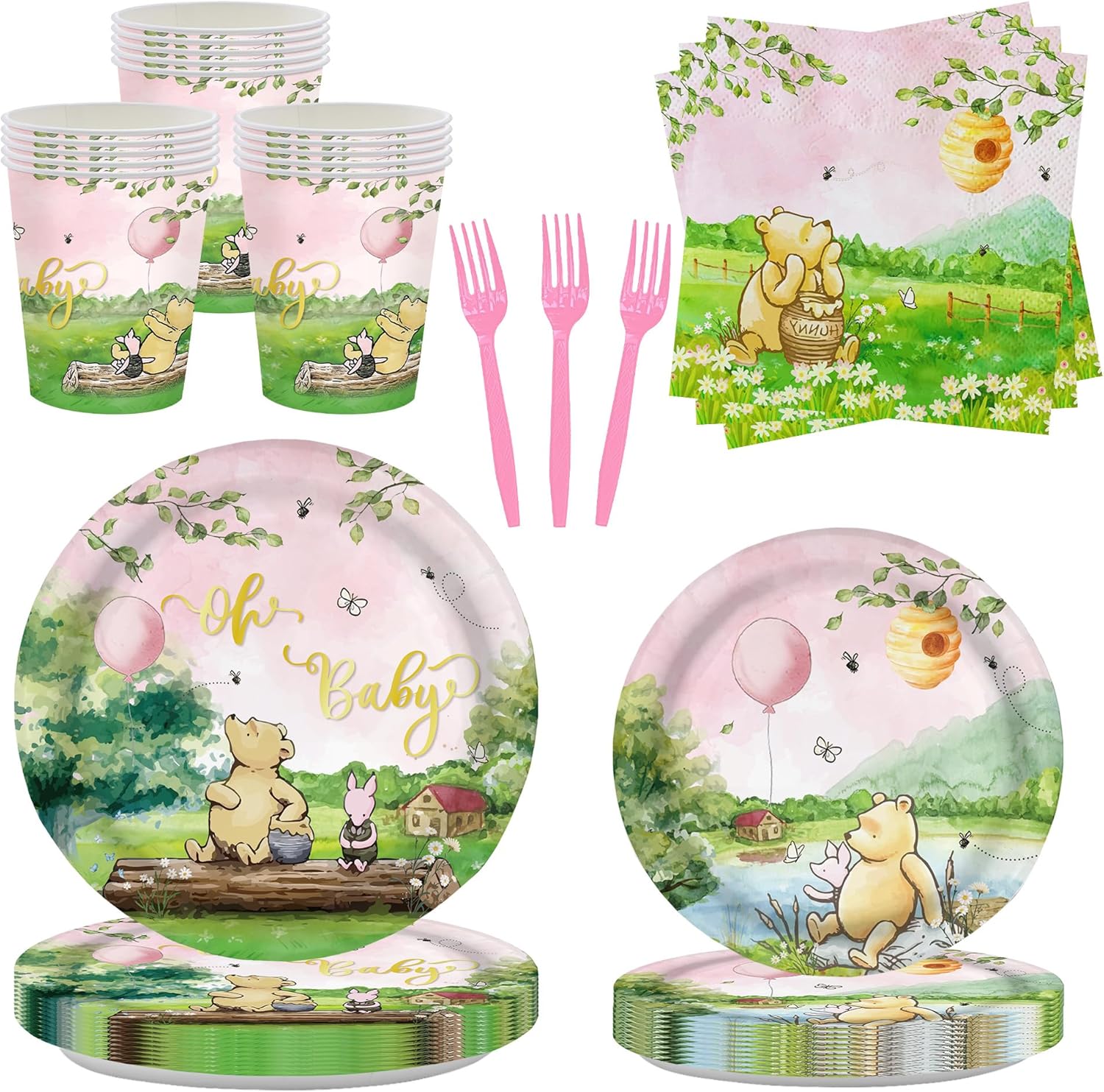 120 piezas de decoración de baby shower, platos Pooh para niñas, suministros para fiesta de cumpleaños, tazas de oso vintage, juego de vajilla de