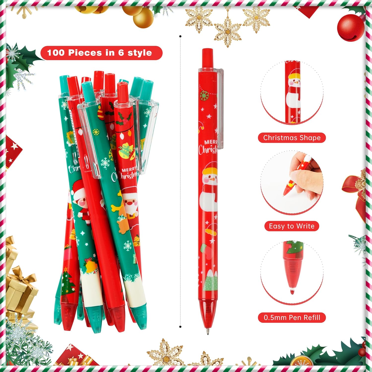 100 bolígrafos de Navidad a granel, bolígrafos retráctiles de Navidad, Papá Noel, muñeco de nieve, árbol de Navidad, bolígrafos de 0.020 in para