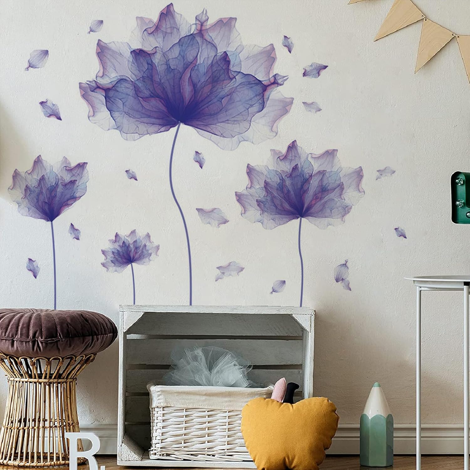 Calcomanías de pared de flores moradas, murales para dormitorio, oficina, baño, sala de estar, calcomanías de pared florales extraíbles, decoración