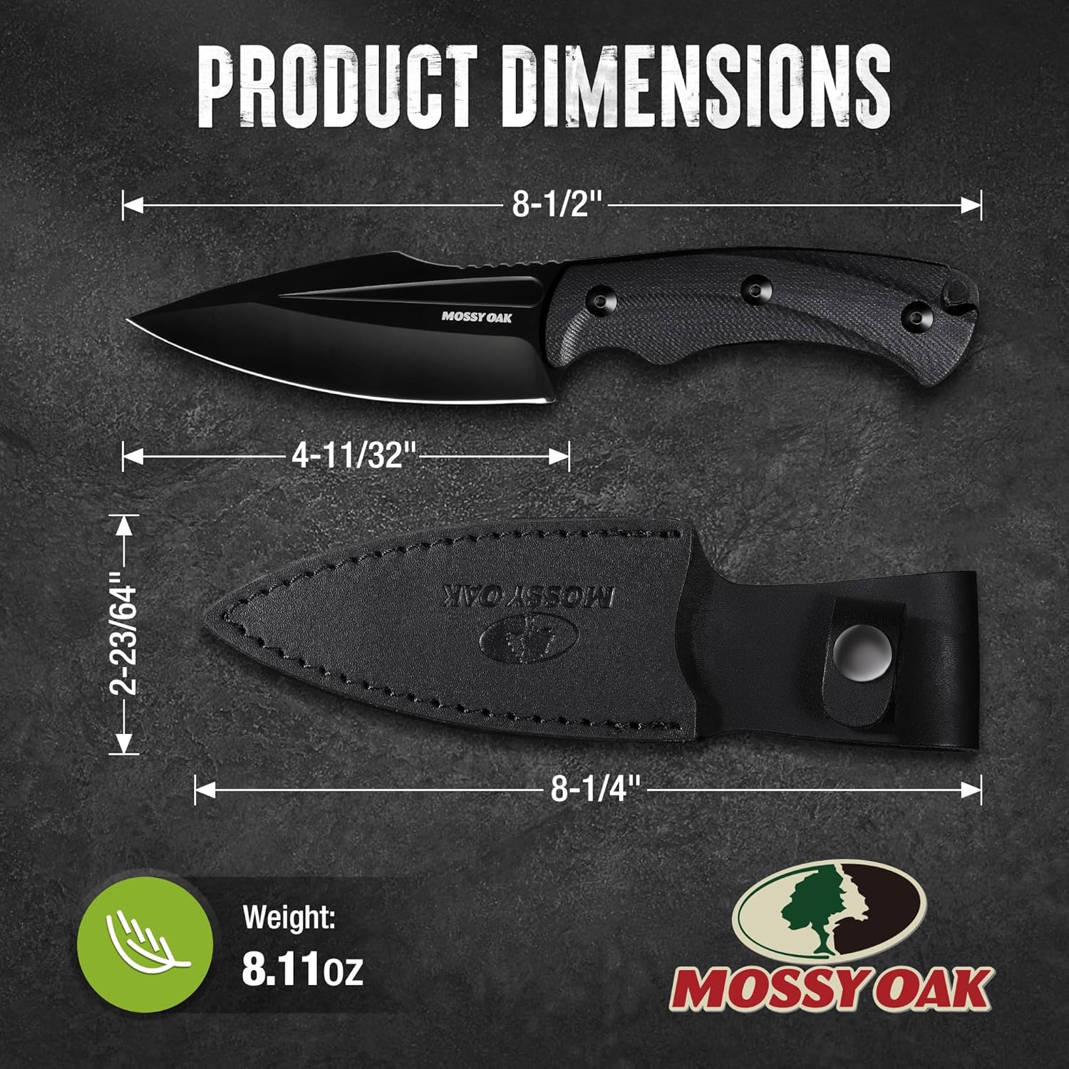 Mossy Oak Cuchillo de caza con funda, cuchillo de hoja fija de espiga completa, cuchillos al aire libre para supervivencia, campamento, senderismo