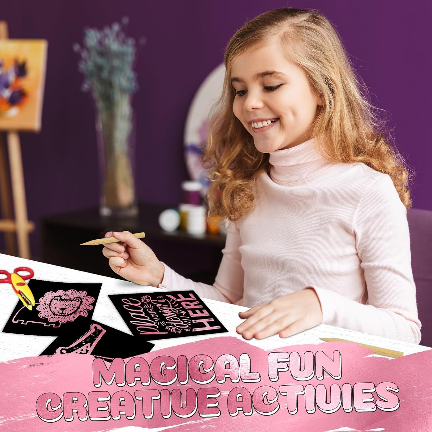 Ambesi Recuerdo de fiesta rosa metálico para niños, 150 notas de arte para rascar para niñas de 4, 5, 6, 7, 8, 9, 10 años, manualidades de papel