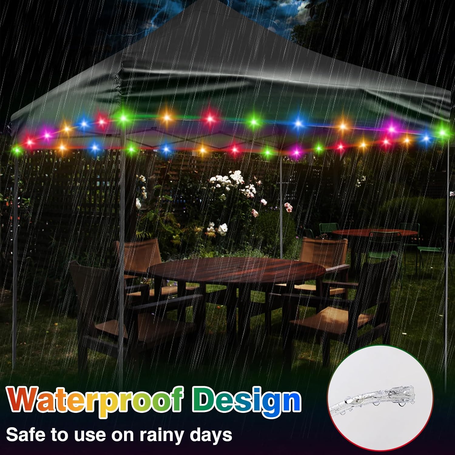 Luces LED de toldo de 42.6 pies con energía solar y USB, control remoto, luces multicolor, tiempo de uso más largo, luces más brillantes, luces de
