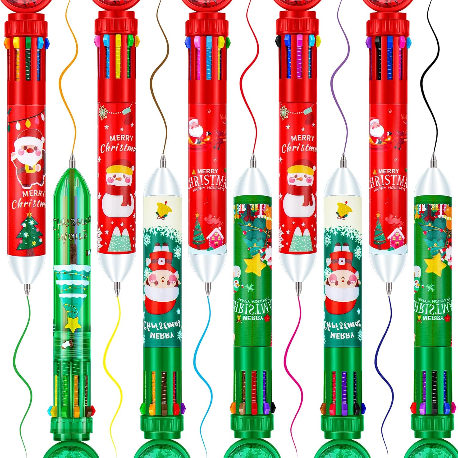 Bolígrafo de Navidad 10 en 1, retráctil, multicolor, 10 colores, retráctiles, árbol de Navidad, Papá Noel, muñeco de nieve, bolígrafos de escritura
