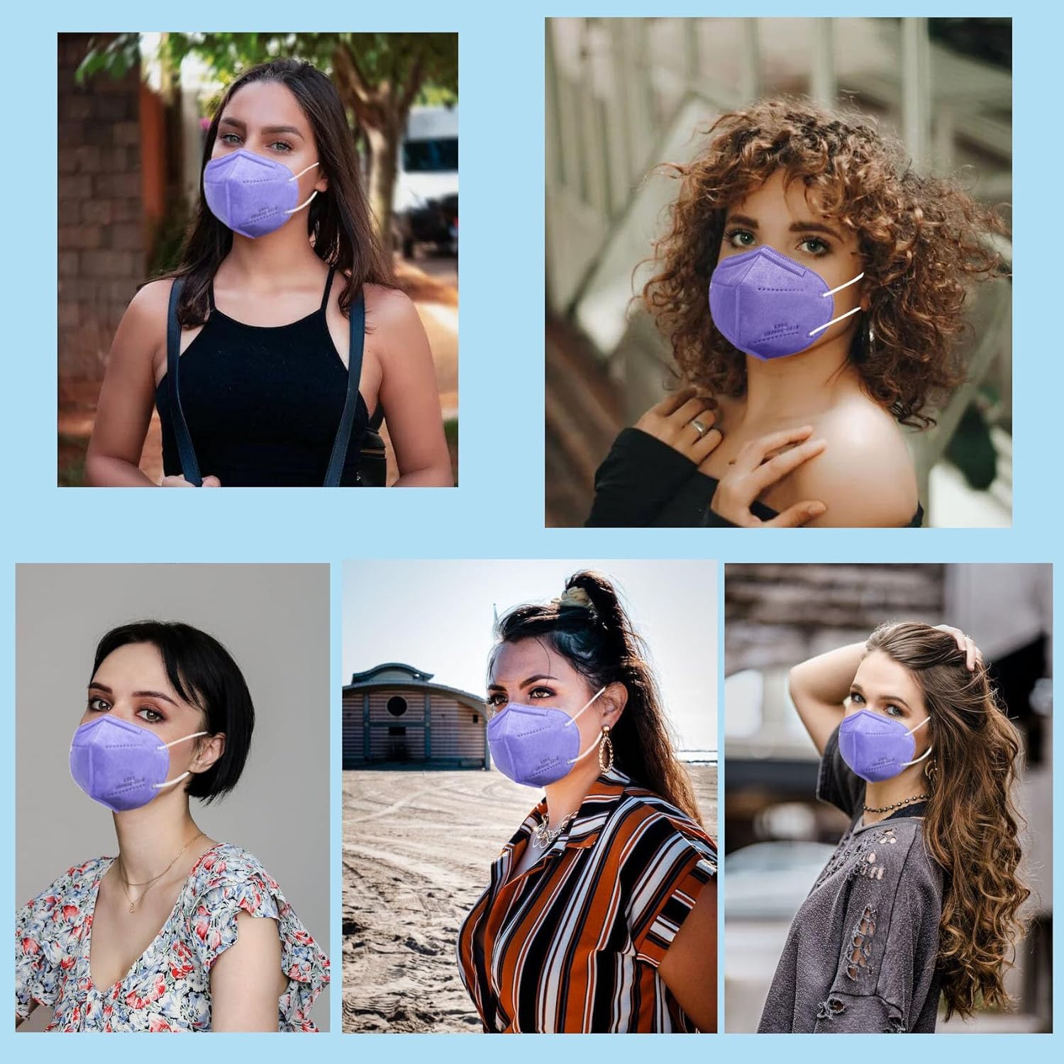 Mascarilla KN95, 50 unidades, envueltas individualmente, mascarillas desechables de 5 capas moradas para adultos, eficiencia del filtro del 95 %,