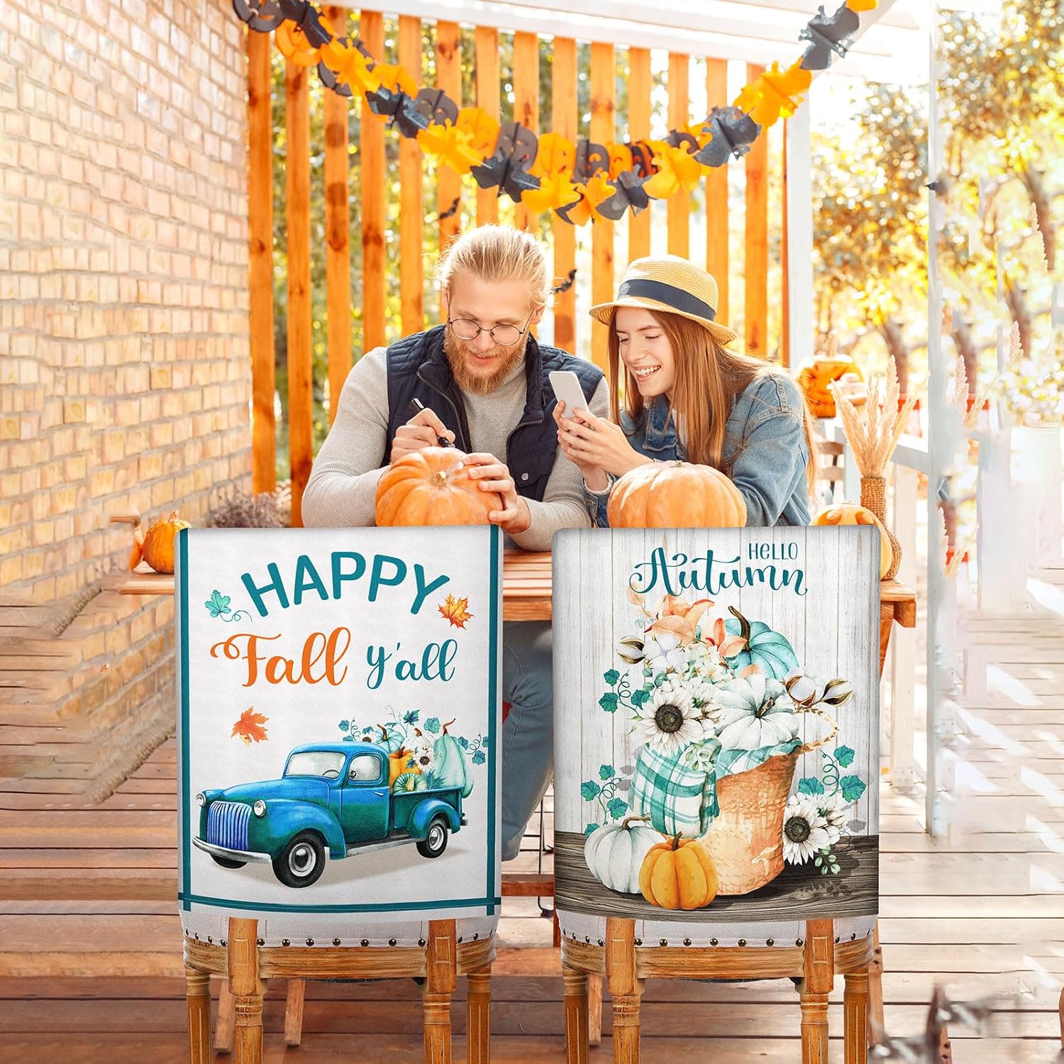 Blulu 4 fundas protectoras para sillas de comedor de Acción de Gracias, calabazas blancas y azules, gnomo, decoraciones de otoño, fundas de asiento