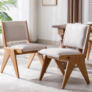 BESTANO Juego de 2 sillas de comedor tapizadas de lino con patas de madera, modernas sillas de comedor acolchadas de mediados de siglo para cocina BESTANO Juego de 2 sillas de comedor tapizadas de lino con patas de madera, modernas sillas de comedor acolchadas de mediados de siglo para cocina