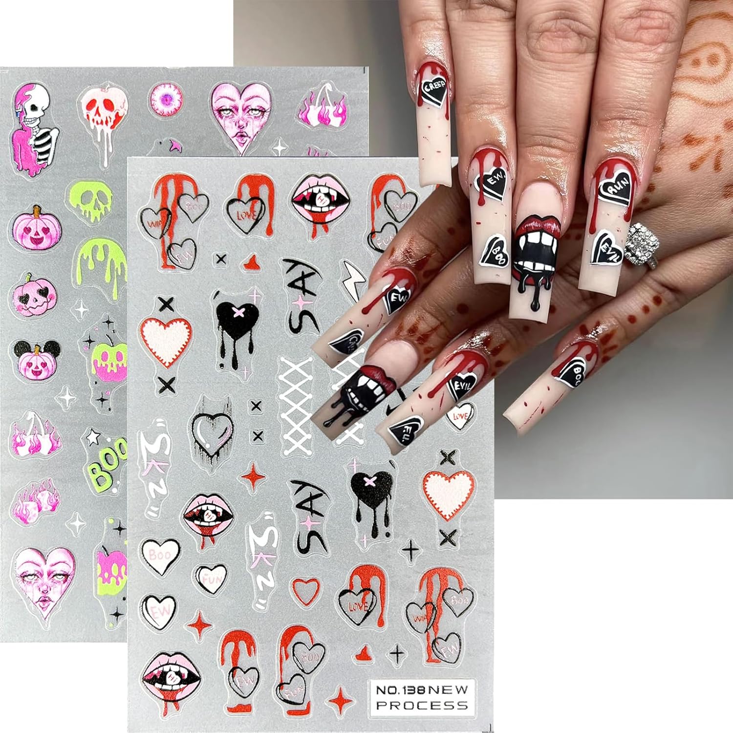 Calcomanías para uñas de Halloween, diseño de calabaza, fantasma, 3D, autoadhesivas, lindas telarañas espeluznantes, suministros de uñas con boca