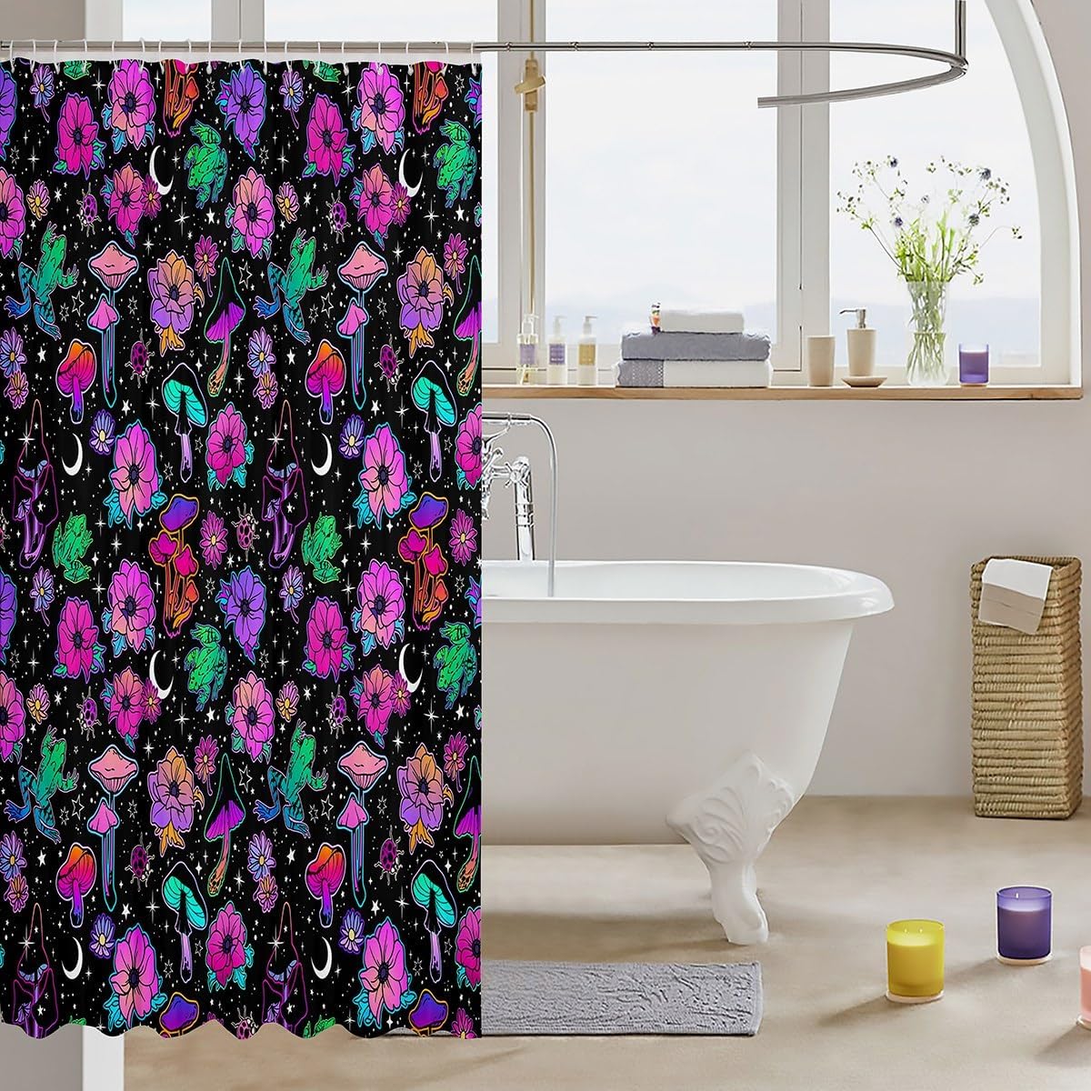 Cortinas de ducha de flores hippie para decoración del hogar, cortina de baño de animales de mariquita, hongos arcoíris, estrellas, luna, galaxia,