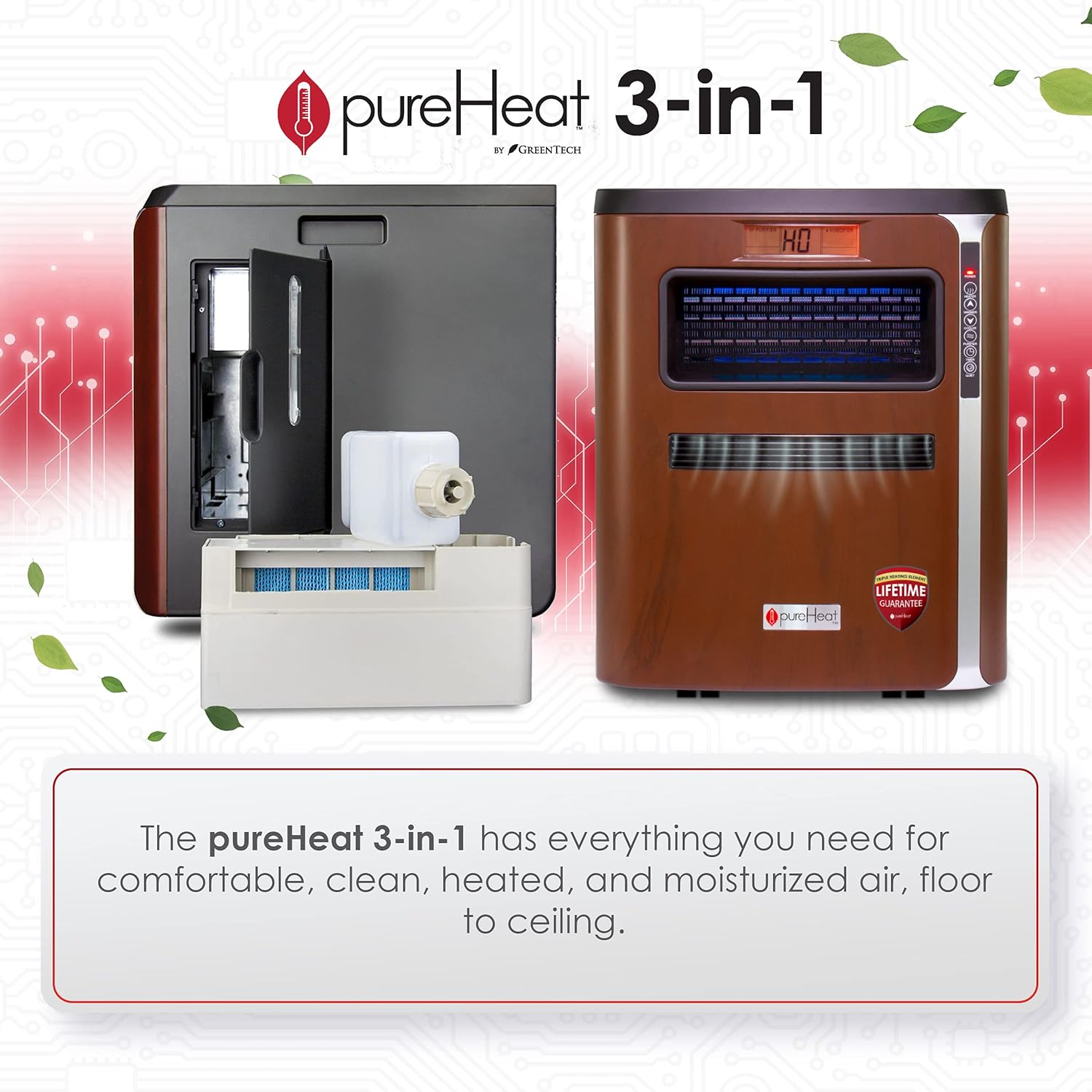 GreenTech Environmental PureHeat – Calentador 3 en 1, humidificador y purificador de aire, calentador personal, humidificador de aire y purificador,