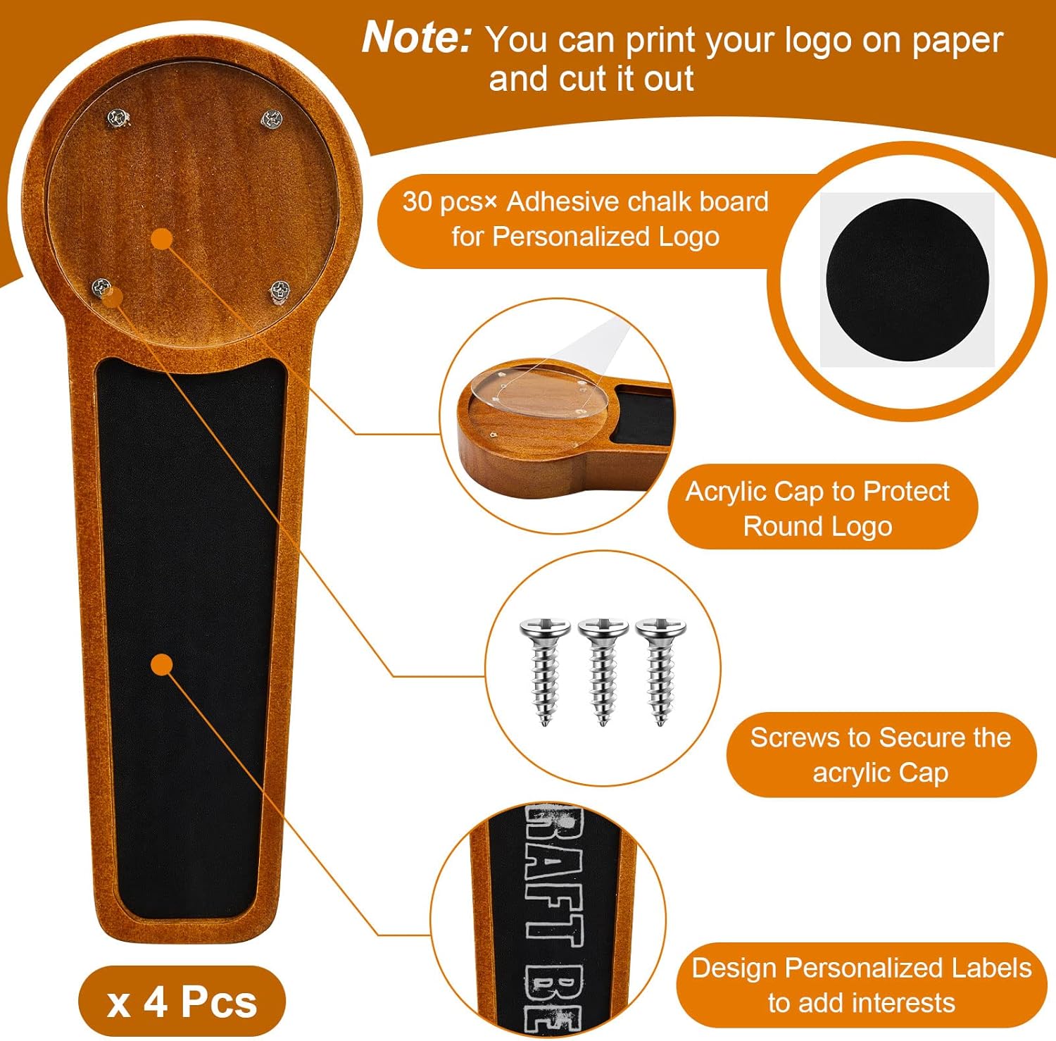 4 unidades de mango de madera para tocador de cerveza para Kegerator con logotipo intercambiable y 4 bolígrafos para bar, restaurante, boda,