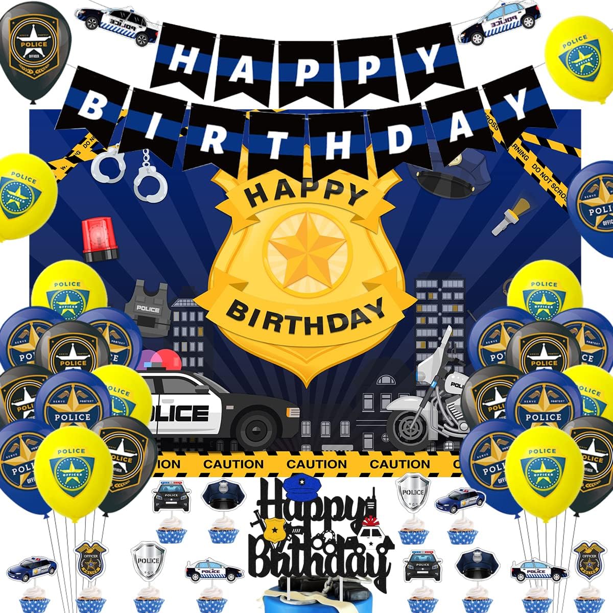 Decoraciones de cumpleaños de policía, decoraciones de fiesta de cumpleaños de policía para niños, globos temáticos de policía, pancarta de feliz