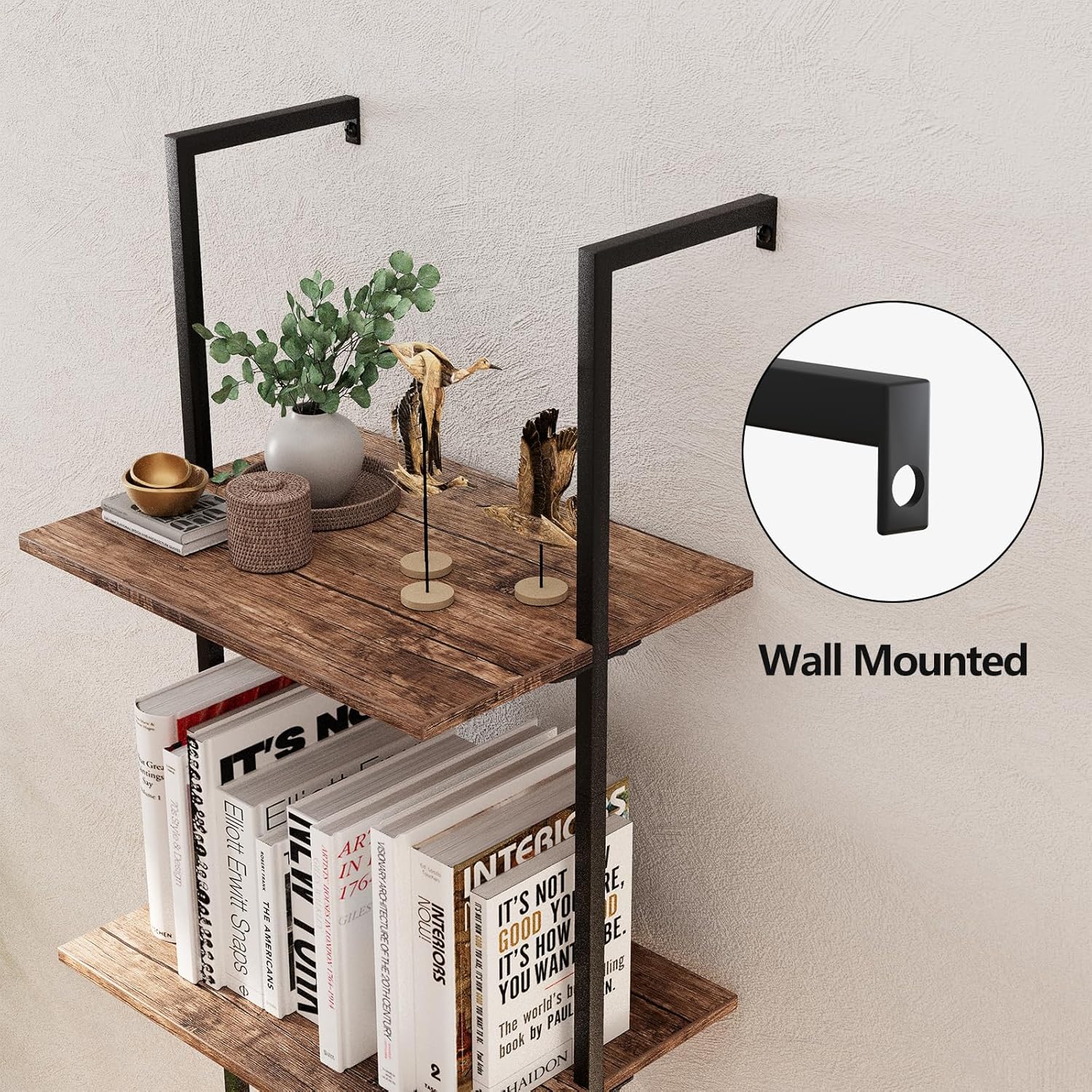 Estantería de escalera de metal industrial de 4 niveles, estante de almacenamiento alto abierto de madera marrón y estantes de exhibición, estuche